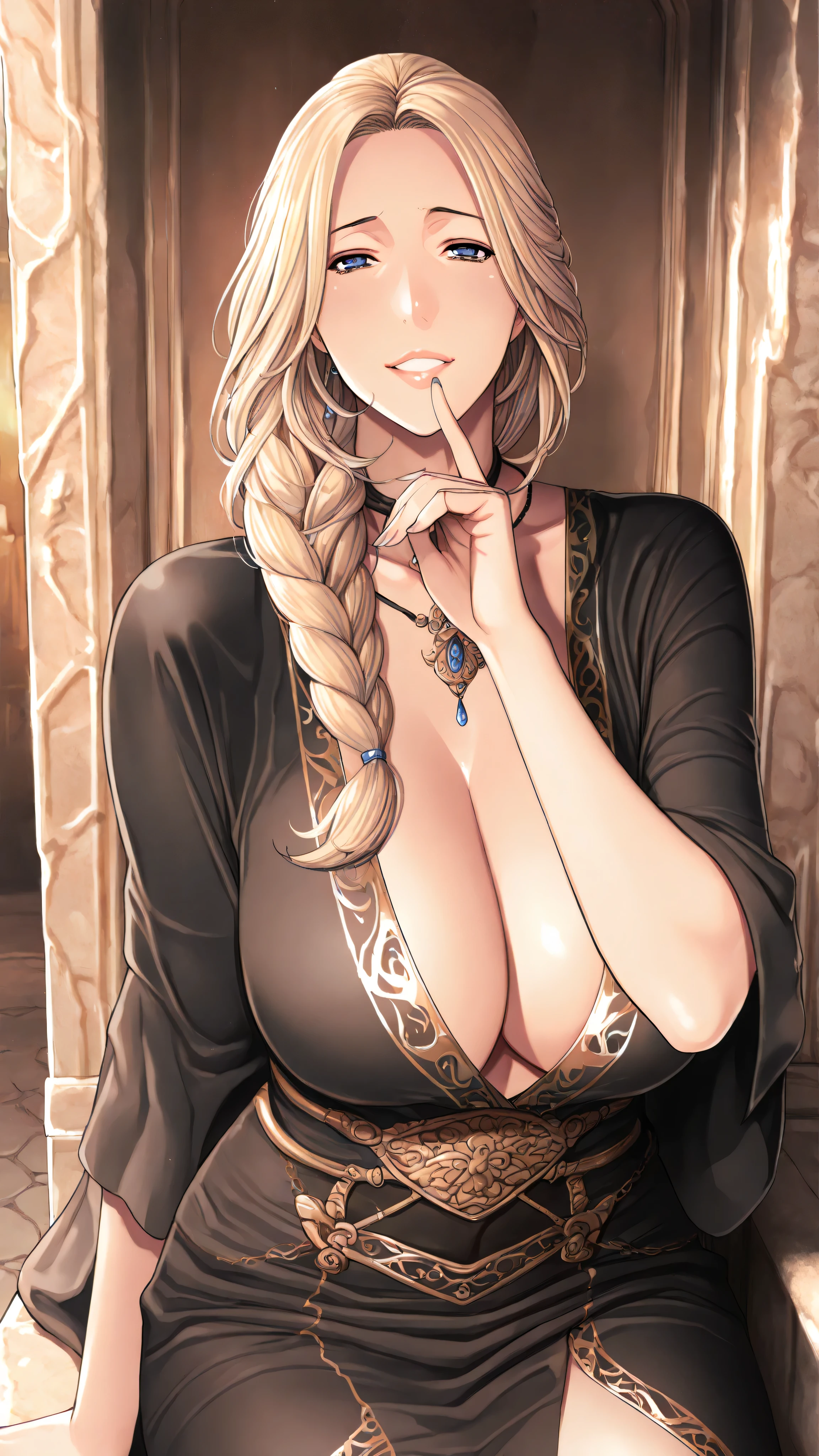 Masterpiece Quality, A semi-realistic man-in-the-middle style. ,Highest Quality, high definition, ULTRA DETAIL,anatomically correct, high quality illustration,ULTRA DETAIL, cinematic lighting, A beautiful queen with long, braided blonde hair. , He is wearing a revealing black and gold period dress. , He is sitting on a magnificent stone throne, his chest exposed, . SHE HAS BLUE EYES, provocative smile, He is posing provocatively, holding his finger to his lips. . Her dress has a plunging neckline. , exposes the chest,Girls are good at it, He is leaning on her with a crooked smile. , her head fits in her cleavage. she wears a medieval tunic, slightly messy, her mischievous eyes and relaxed attitude、 making the scene even more provocative. . The queen is smiling as she embraces him tenderly., exudes a playful vibe, The background is an ancient ruin lit by warm colors. , It creates a fantasy atmosphere. .