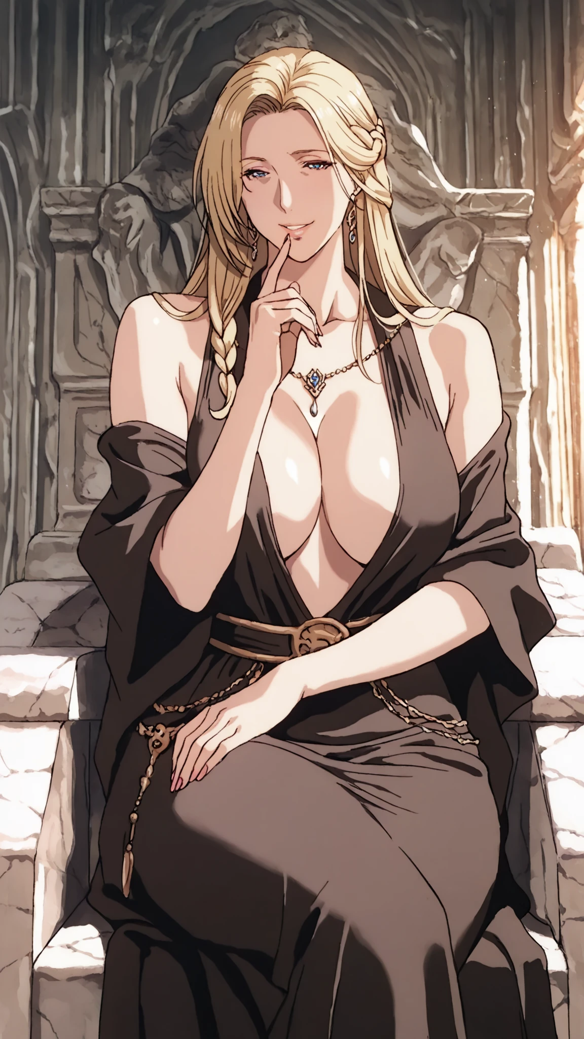 Masterpiece Quality, A semi-realistic man-in-the-middle style. ,Highest Quality, high definition, ULTRA DETAIL,anatomically correct, high quality illustration,ULTRA DETAIL, cinematic lighting, A beautiful queen with long, braided blonde hair. , He is wearing a revealing black and gold period dress. , He is sitting on a magnificent stone throne, his chest exposed, . SHE HAS BLUE EYES, provocative smile, He is posing provocatively, holding his finger to his lips. . Her dress has a plunging neckline. , exposes the chest,Girls are good at it, He is leaning on her with a crooked smile. , her head fits in her cleavage. she wears a medieval tunic, slightly messy, her mischievous eyes and relaxed attitude、 making the scene even more provocative. . The queen is smiling as she embraces him tenderly., exudes a playful vibe, The background is an ancient ruin lit by warm colors. , It creates a fantasy atmosphere. .