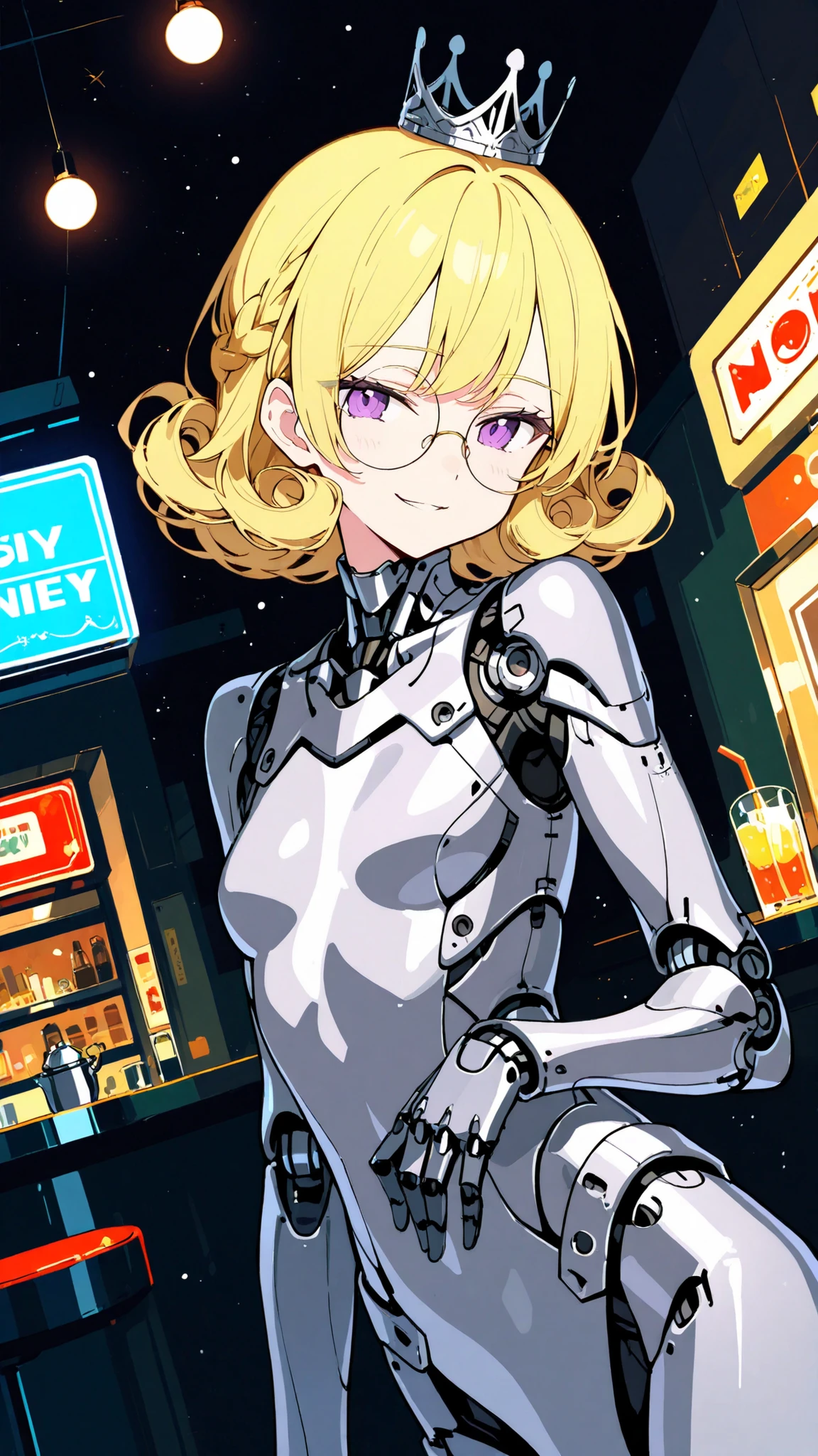 1girl, solo, original, (ciloranko:0.5),(ogipote:0.5),(tianliang_duohe_fangdongye:0.7),(jyt:0.9),(vofan:0.5), dutch angle,
upper body, skinny, small breasts, (mature female:1.2), blonde hair, curly hair, flipped hair, one braid, wispy bangs, round glasses, small glasses, violet eyes, eyelashes, small crown, clavicle, silver body, mechanical torso, mechanical neck, mechanical arms, mechanical hands, gloves, 4fingers and 1thumb, smug, contrapposto, diner, neon, anime style, flat color, concept art, magnificent, celestial, ethereal, painterly, epic, majestic, magical, fantasy, cover art, dreamy, masterpiece, best quality, highres, absurdres