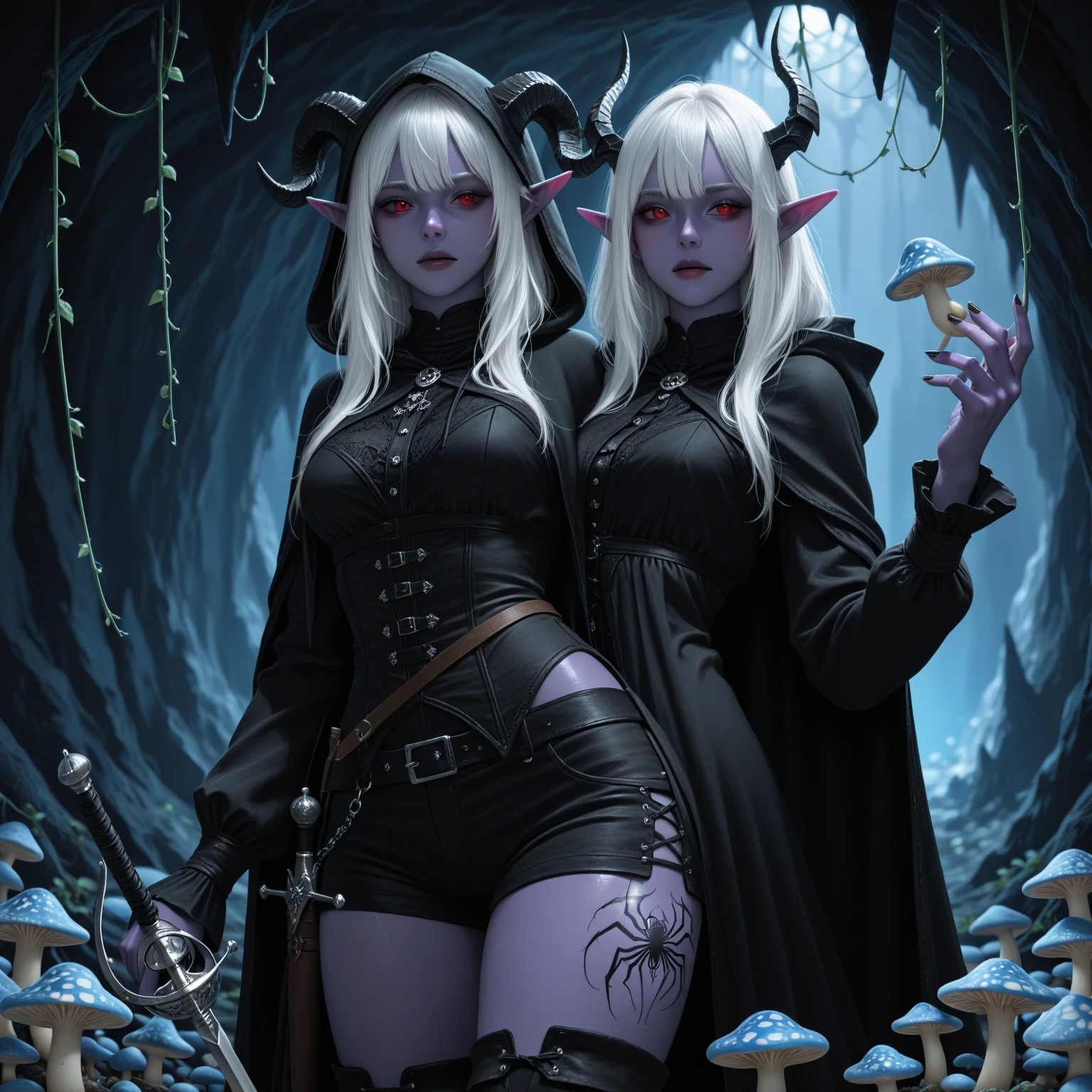 Masterpiece, rear angle, highly detailed illustration of a (Two lesbian Dark Elf women with grey skin, lovers, romantic), prefect face, looking back at viewer, , wearing A black leather miniskirt with a black leather bustier and A purple silk gown, , leaning forward, athletic body, (big ), wide , thick thighs, teasing, Skyrim fan art, , art (by Luis Royo)