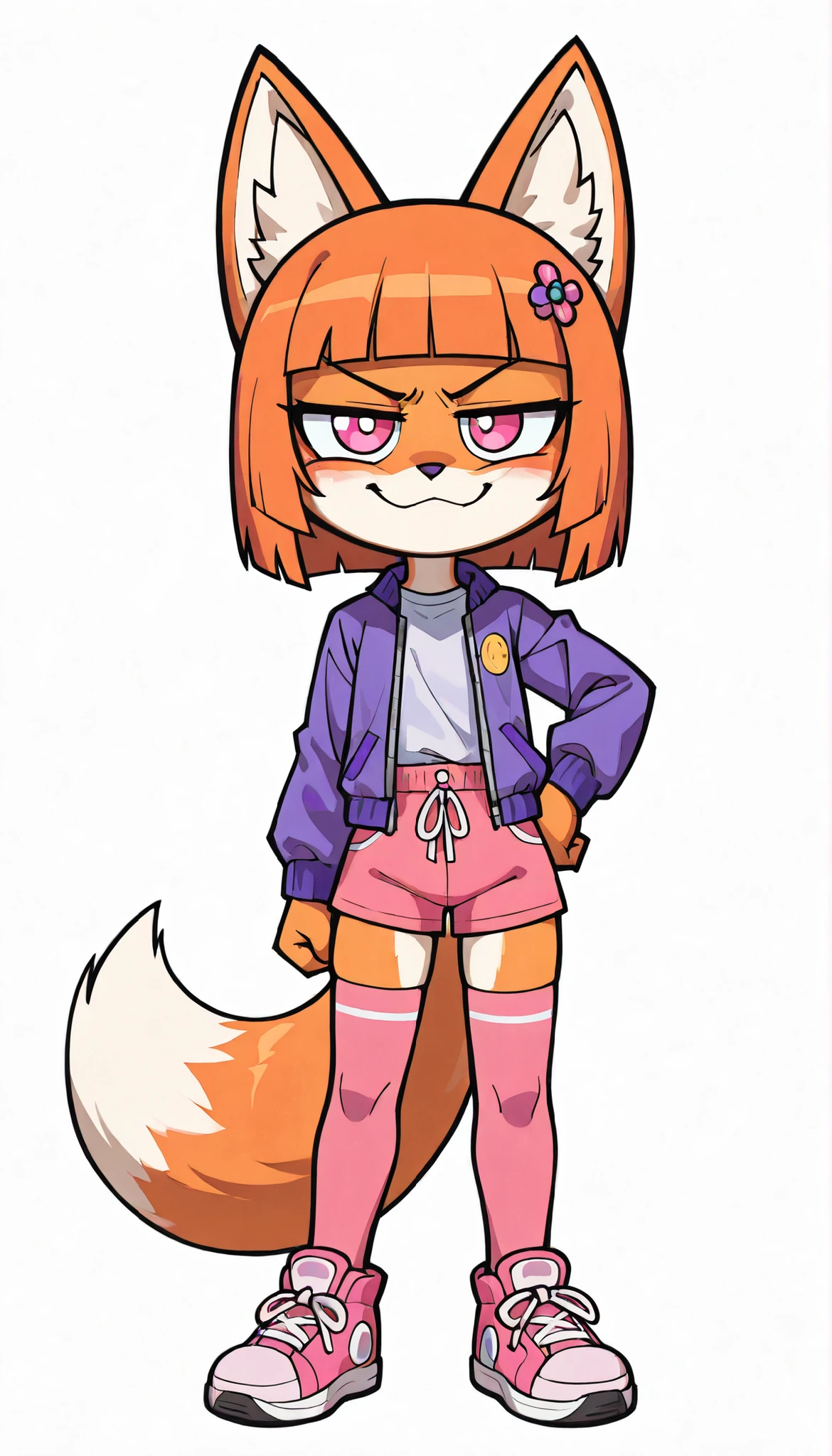 score_9, score_8_up, score_7_up, 1girl, solo, masterpiece:1, best quality:1, amazing quality:1.5, very aesthetic:1.5, absurdres:1.5, newest, thick outline, black outline, Vivian, 1girl, solo, furry, furry female, fox ears, animal ears, orange hair, bangs only, blunt bangs, two-tone fur, tail, fox tail, ((shirt, hair ornament, thighhighs, open clothes, jacket, purple jacket, long sleeves, pink shorts, shoes)), (Small, Short:1.1), (young cub:1.2), big head, pink eyes, tuft cheeks, grumpy expression, smile, tuft cheeks, white background, simple background, 2d animation, one hand own hip, looking at viewer,