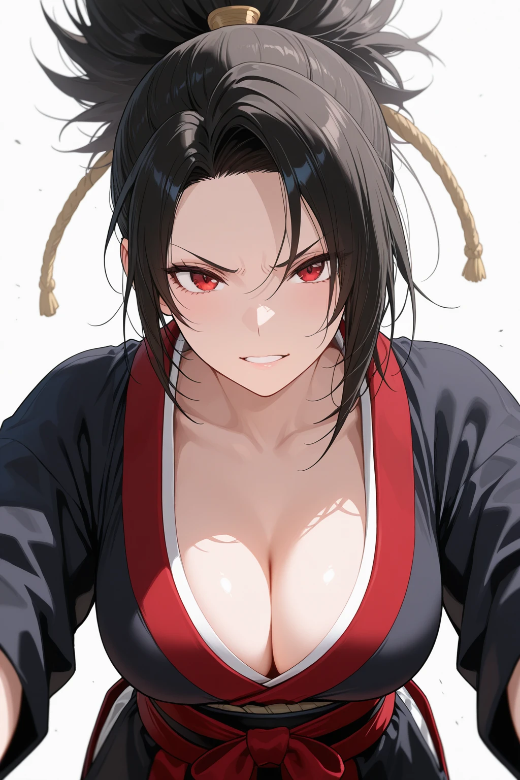 Describe the strongest female ninja。Her name is Tsuruhime。A proud, strong and noble woman。He is glaring at me.。 and defeated。black hair。ponytail。white clothes