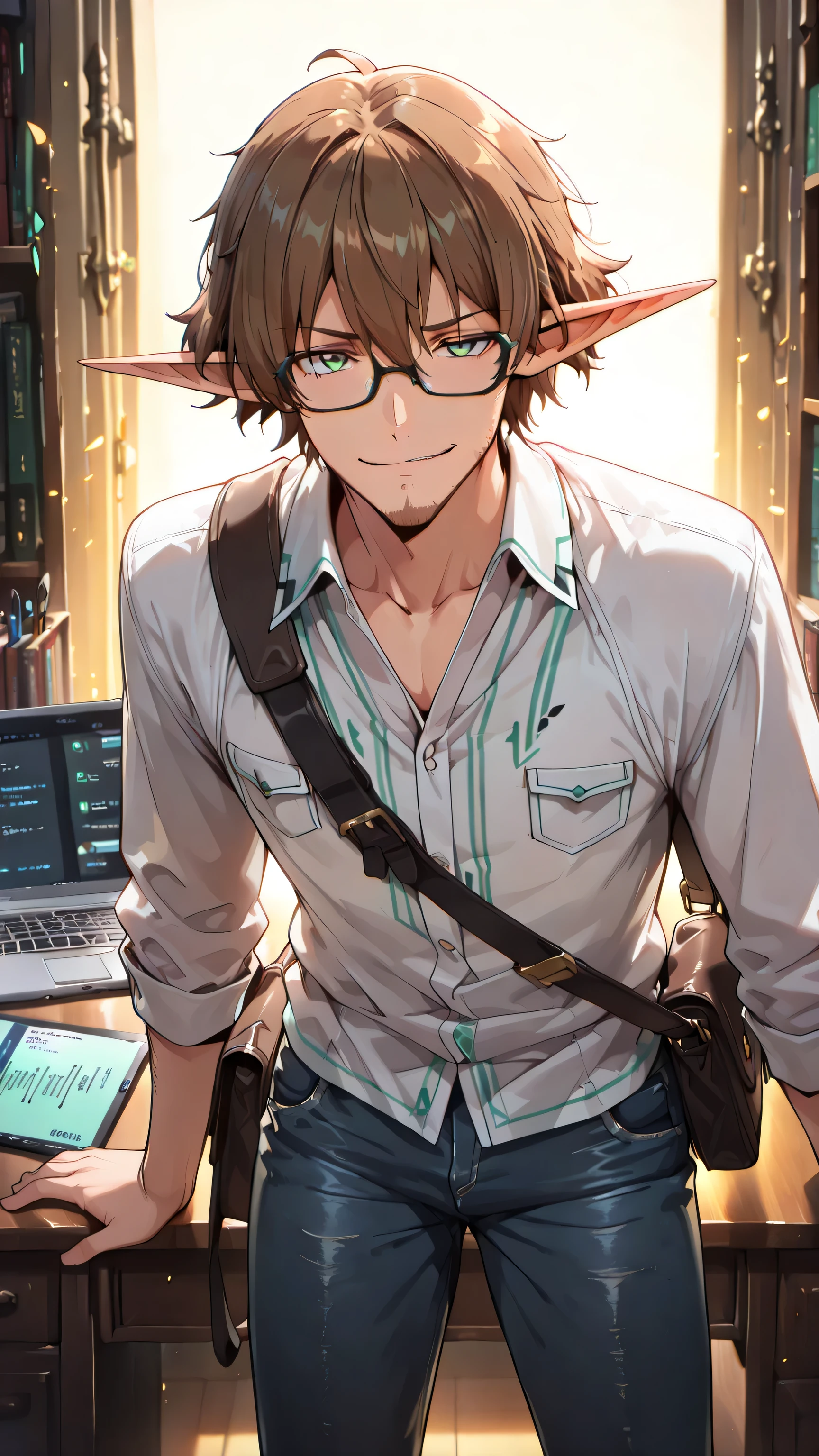 masterpiece, ultra-detailed, best quality, (1 boy, solo, male elf, modern elven hacker, thin-framed glasses, emerald green eyes, slight smirk, pointed ears, (chestnut brown hair, short hair), chestnut brown facial hair, angular jawline, (crisp white shirt with code symbols, dark bluedenim jeans), leather black messenger bag with laptop peeking out, multiple tech gadgets and hacking tools visible hanging from bag, cybersecurity books on desk), university library background, warm golden lighting, modern setting, fantasy art style, detailed close up on mid and upper body focus from knees upward, clear view from knees upward, looking at viewer