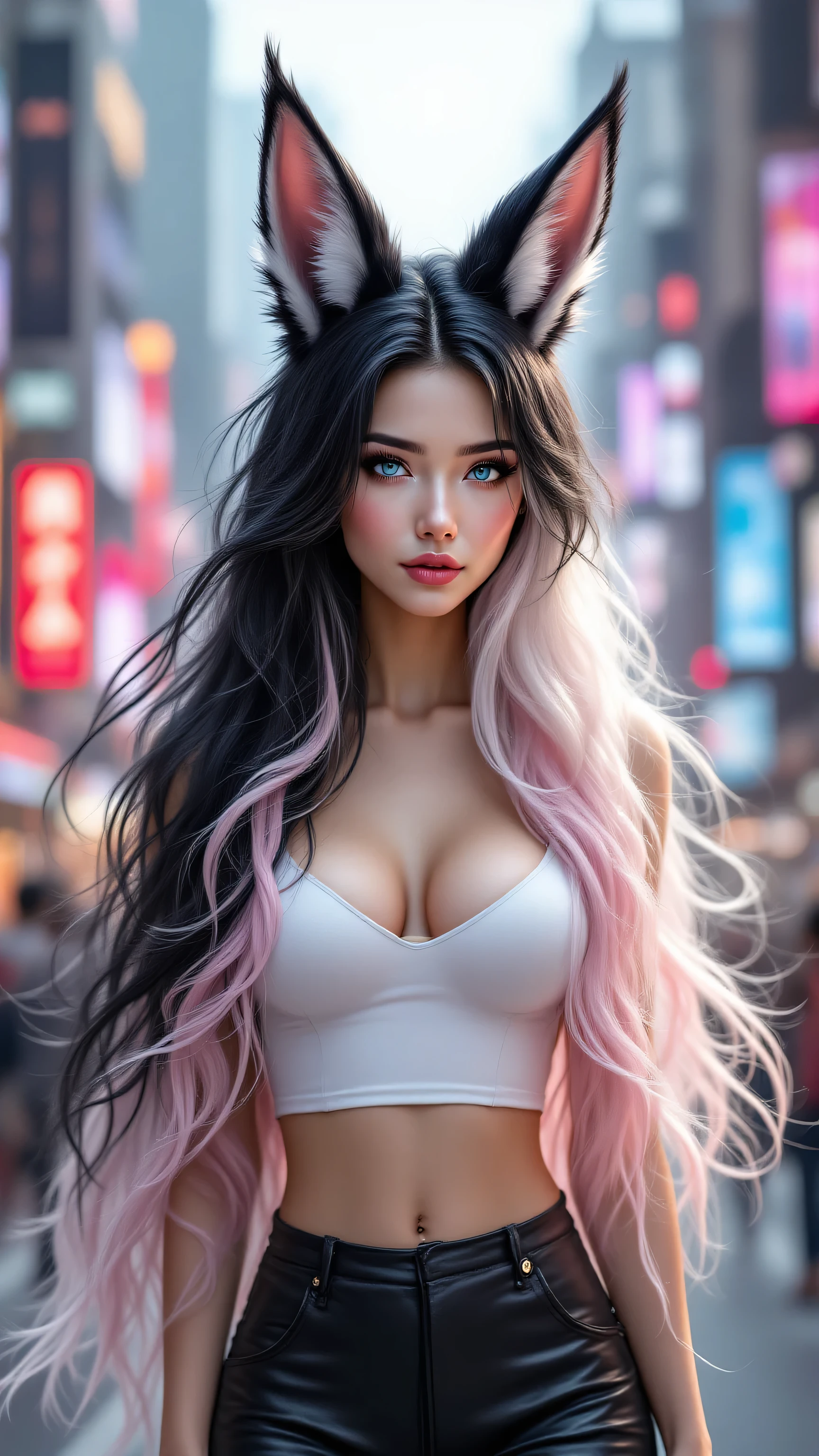 Ultra HD, beautiful woman with long black and white hair, with pink locks, with pretty black and white fox ears, with pretty blue eyes, porte un haut blanc, with leather pants, vue de face, dans une ville.