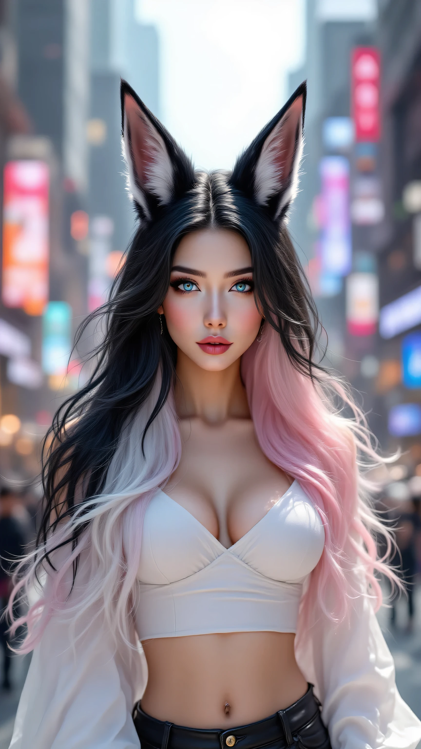 Ultra HD, beautiful woman with long black and white hair, with pink locks, with pretty black and white fox ears, with pretty blue eyes, porte un haut blanc, with leather pants, vue de face, dans une ville.