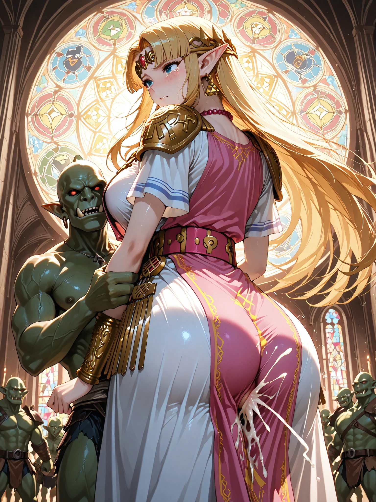 Score_9, score_8_up, score_7_up, score_6_up, score_5_up, score_4_up, source_anime, 1girl, cute girl, young female, sagging gigantic huge breasts, wide hips, thick thighs, huge ,  slip, dark , dark , side view, detailed eyes, brown eyes, white armor, armor boots, holy knight costume, winged circlet, , , head tilt, showing hairy stomach hair, showing armpit, hairy armpit hair,  on wall,  to wall, ,   to wall, Japanese, , hairy stomach hair,  , , girl crouching behind boy, sweating, heart mark words,  ass , , dirty atmosphere, in kingdom, crowded, , ,  with boy, chain , blonde, noble style hair, pov, pooping , poop