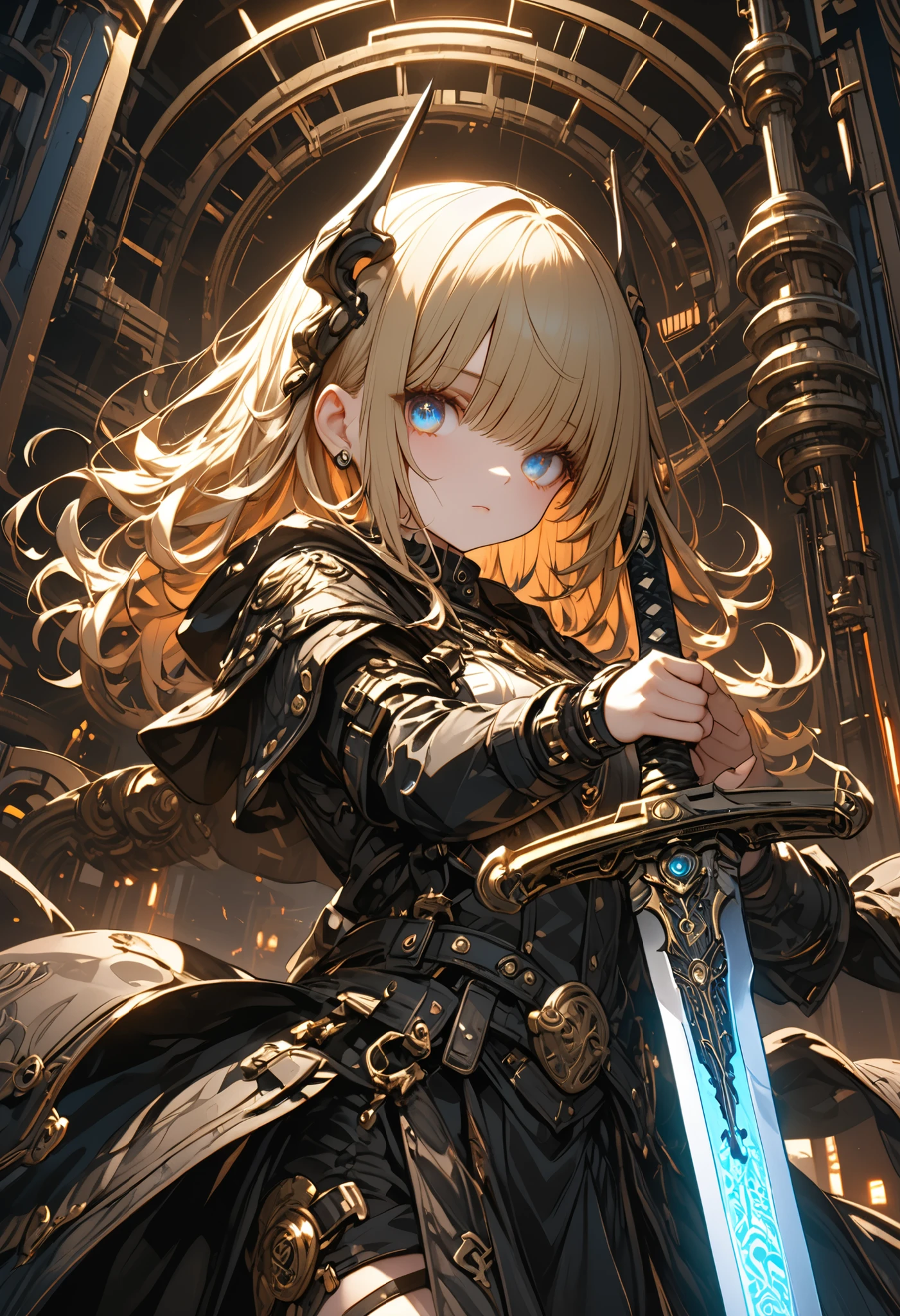 Curved Sword Engineer、Cutting through Metal with a Bay Sword，(masterpiece,Highest Quality,ULTRA DETAIL,超high definition,detailed background),(1girl),watch the viewers,solo,masterpiece，（masterpiece），fuill body ,best quality ，（Highest Quality）， cinematiclighting ，（Cinematic Lights）、beautiful detailed eyes ，eye detail connected to an electric wire，uitra-detailed，（Super Detailed），highresolution， （high definition），8k，8K resolution，official art，（official illustration style），