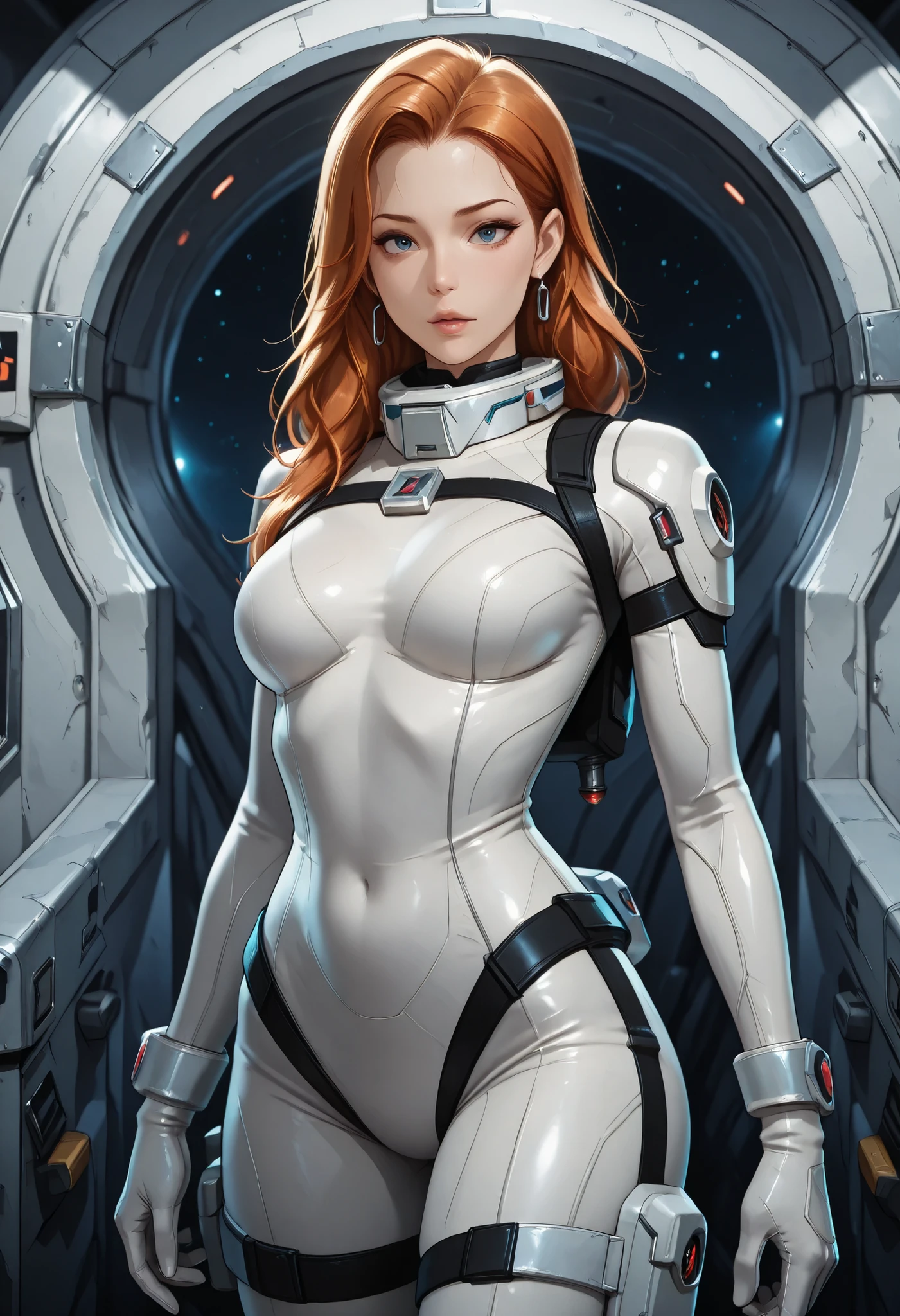 high resolution images, masterpiece, Highest Quality, amazing quality, official art, Highly detailed, Wallpaper, 1 girl, A very attractive and slim woman wearing a tight spacesuit walks through the corridors of an abandoned and decaying space station in a futuristic world.