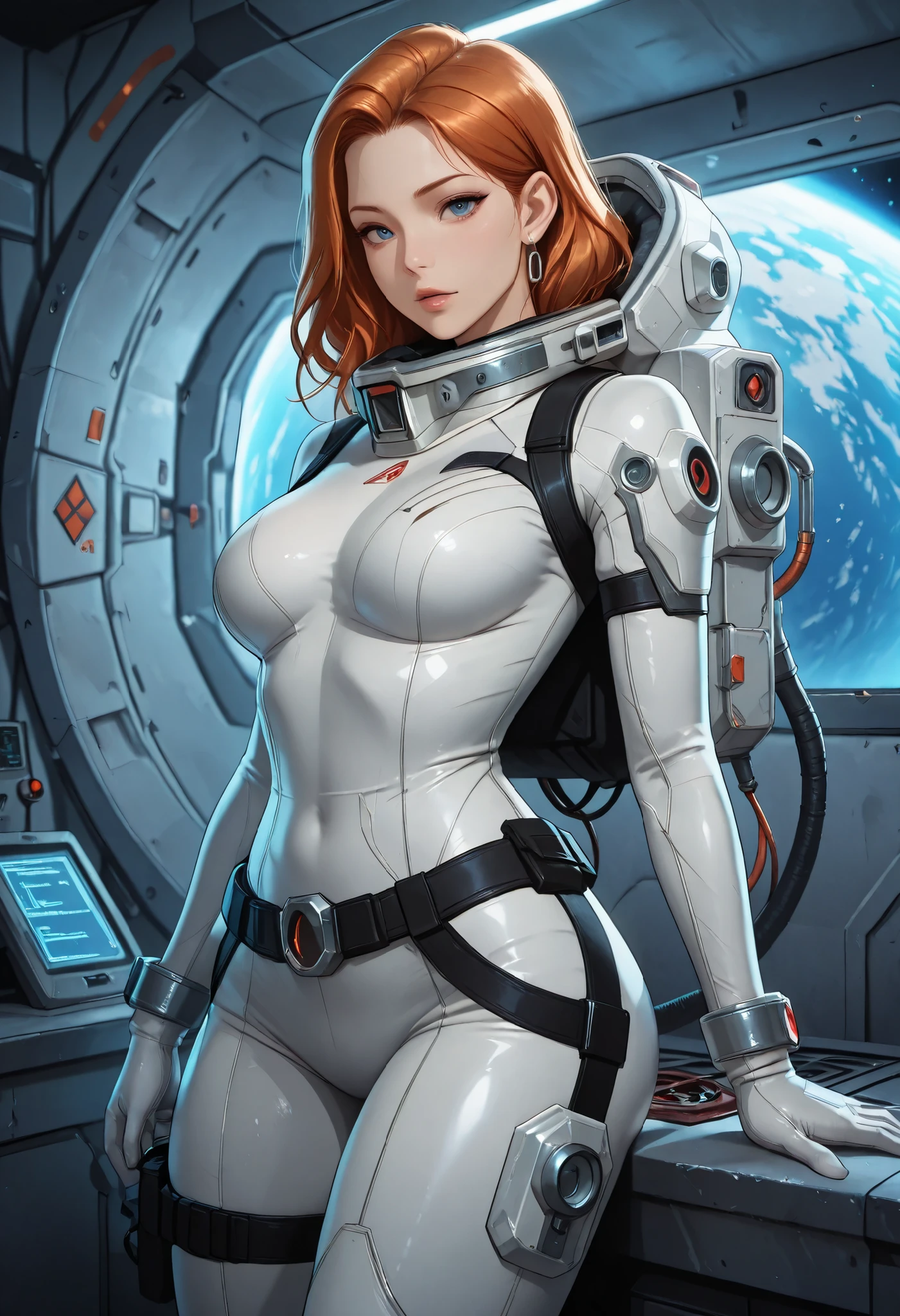 high resolution images, masterpiece, Highest Quality, amazing quality, official art, Highly detailed, Wallpaper, 1 girl, A very attractive and slim woman wearing a tight spacesuit walks through the corridors of an abandoned and decaying space station in a futuristic world.