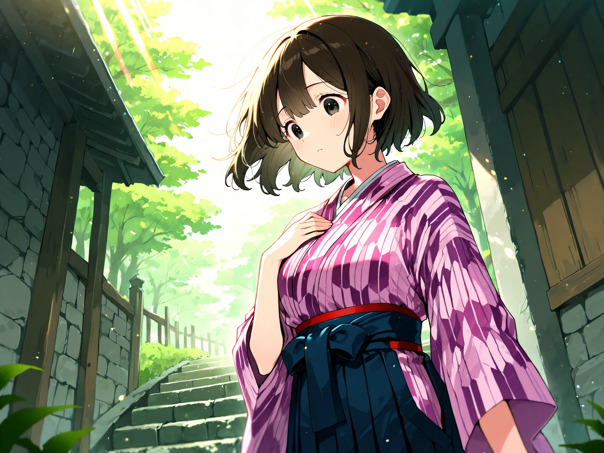 1girl, solo, original, upper body, black eyes, (tareme:1.1), looking down, dark-brown hair, short hair, partial bangs, disheveled hair, delicate face, adorable, large anime eyes, cute look, tender, intricate face, looking away,
yagasuri, japanese clothes, hakama, hakama skirt, kimono, meiji schoolgirl uniform, ribbon, hakama, walking, hand to own chest,
sooty factory, tall stone walls, wind,
natural imperfections, anamorphic lens flare, detailed environment,
direct perspective, shallow depth of field,
dutch angle, (from below angle:0.8),
masterpiece, best quality, very aesthetic, absurdres, newest, very awa, efined intricate details, explicit detail, vibrant hues, eye-catching outlines