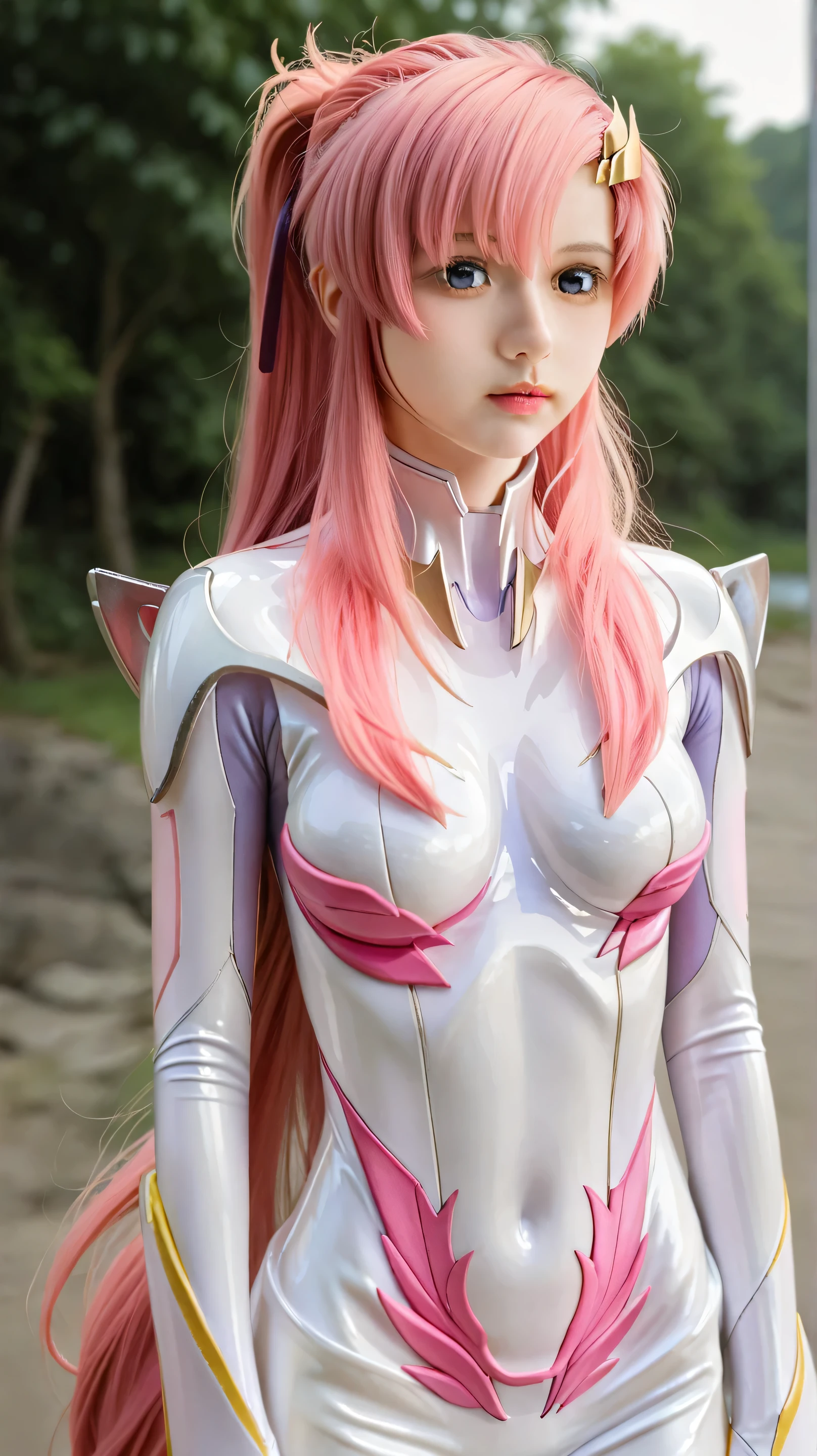 Masterpiece, best quality, 8k, ultra high resolution, photorealistic, cinematic composition,1girl, solo,lacus clyne,pink hair,very long hair,outdoors,potrait,river background,medium breast,gold hair clip,dark blue eyes,hair ornament, ponytail,plugsuit,front view,stand still,close up
