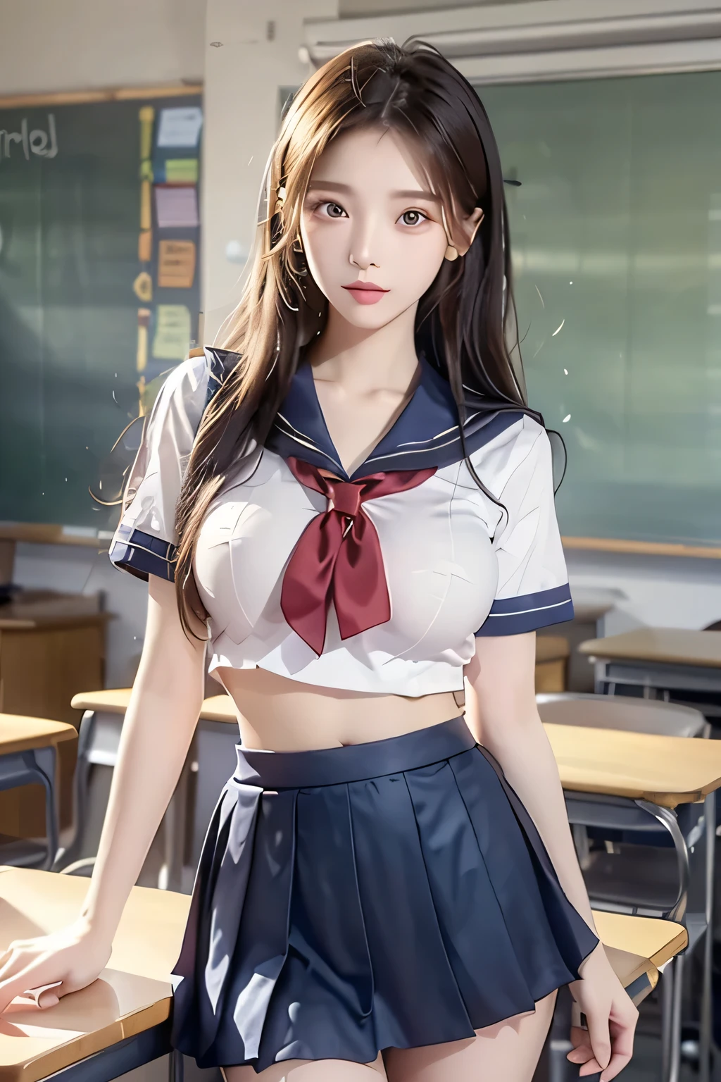 ( Super High Definition), (I'm looking over here), (school uniform:1.2, sailor suit, flared skirt), (Big Breasts:1.2), (Slimness:1.8), ( Read more:1.4), (thin thighs:1.4), ( thin hips:1.6), ( beautiful skin, shiny skin, white skin), (Super slim face, Super beautiful face, makeup, Smile :0.8), ( light brown hair, semi-long, layered cut , fluffy hair), ( big eyes:1.4, High corners of the eyes:1.6, double eyelids), (Thin eyebrows:0.1), ( small nose:0.6), ( thin lips:0.6), classroom
