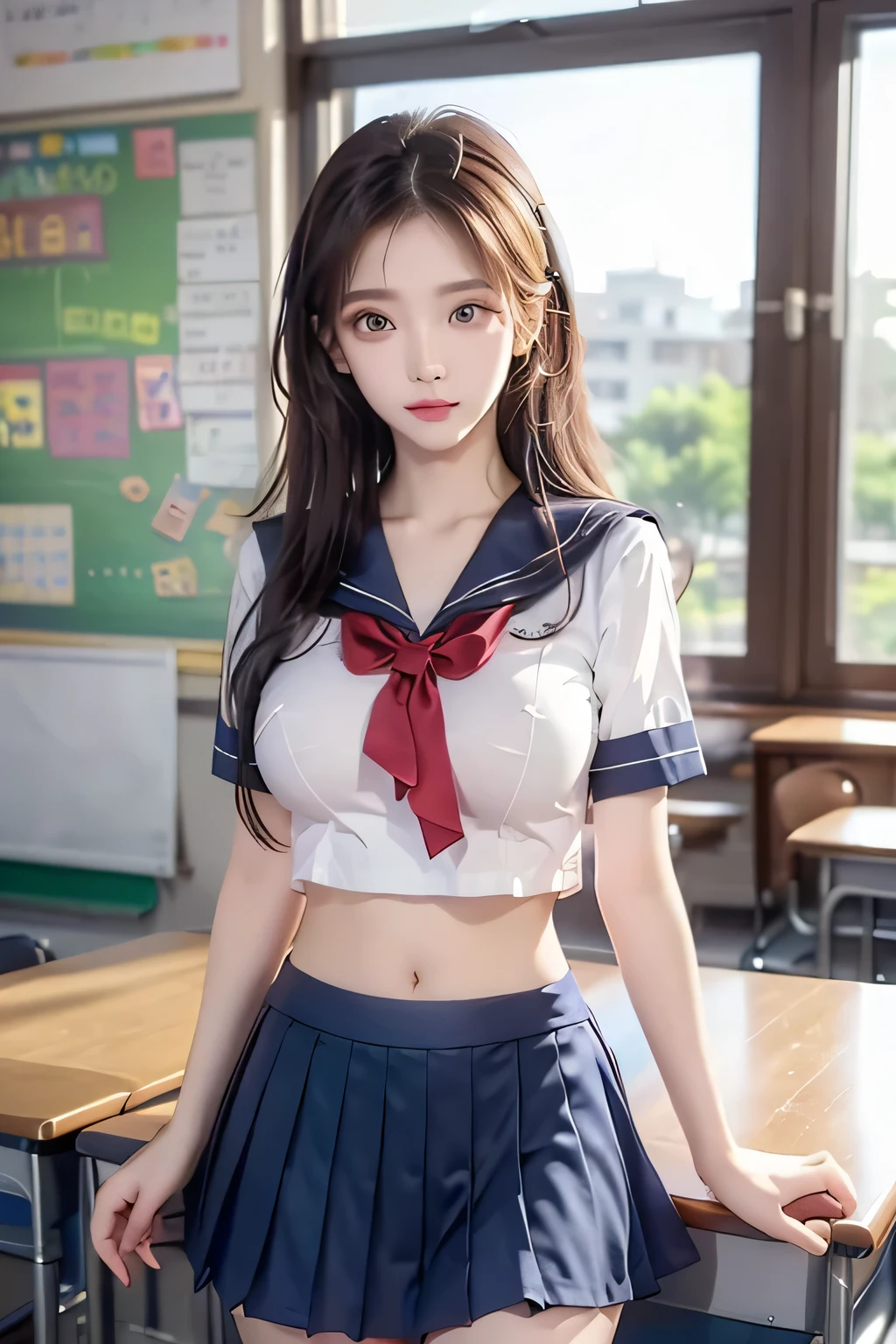 ( Super High Definition), (I'm looking over here), (school uniform:1.2, sailor suit, flared skirt), (Big Breasts:1.2), (Slimness:1.8), ( Read more:1.4), (thin thighs:1.4), ( thin hips:1.6), ( beautiful skin, shiny skin, white skin), (Super slim face, Super beautiful face, makeup, Smile :0.8), ( light brown hair, semi-long, layered cut , fluffy hair), ( big eyes:1.4, High corners of the eyes:1.6, double eyelids), (Thin eyebrows:0.1), ( small nose:0.6), ( thin lips:0.6), classroom