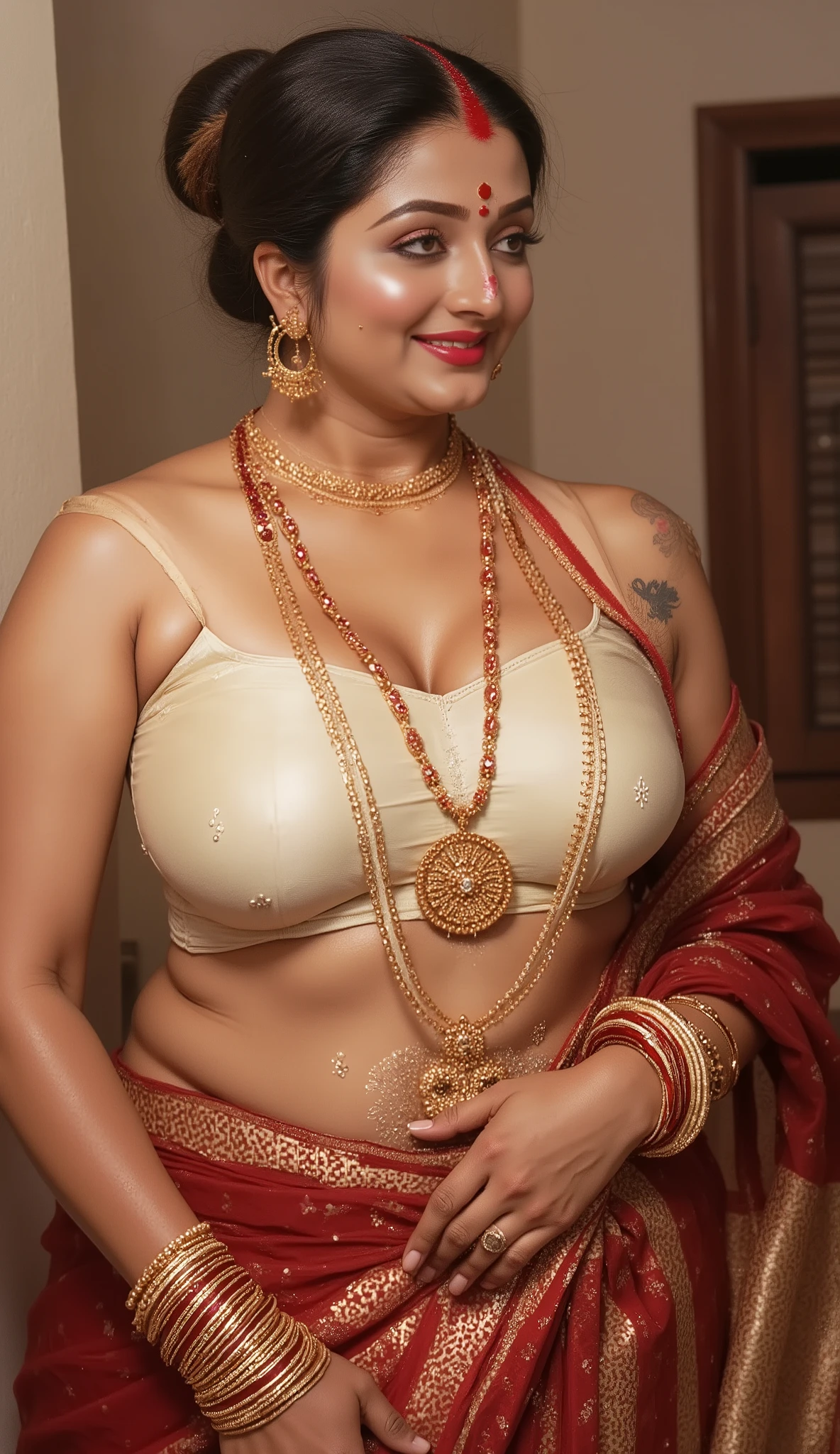 full body image of a 44 year old plus sized hourglass figured Telugu anchor syamala, she is thick curvy and matured, front view, embroidered meroon colour transparent chiffon body tight saree and cream colour strapless deep neck cleavage blouse, very big breasts , her 90 year old father in law is smooching her from behind, ponytail hair , her boobs are huge and full, her boobs are busting from her blouse, her boobs are center heavy, she looks very uncomfortable and little scared , they are in front of the camera , she has extra marital affairs with her father in law , she is kissing her father in law , her father in law is caring her, she is cheating on her husband with her father in law , she has a slutty expression on her face, her skin colour is dark and tanned like a ebony , she is a ebony , she is a diva, she like to cheat , she likes her father in law, she puts lots of Jewelleries and glossy makeup on her self , she is sanskaari from outside but a slut from inside, she has put brown lip gloss on her lips , her father in law is playing with her curves , she has a bold tattoo of a scorpion on her boobs/cleavage, she has small bold tattoo near her navel, she has a strong veiny dick tattoo on her arm