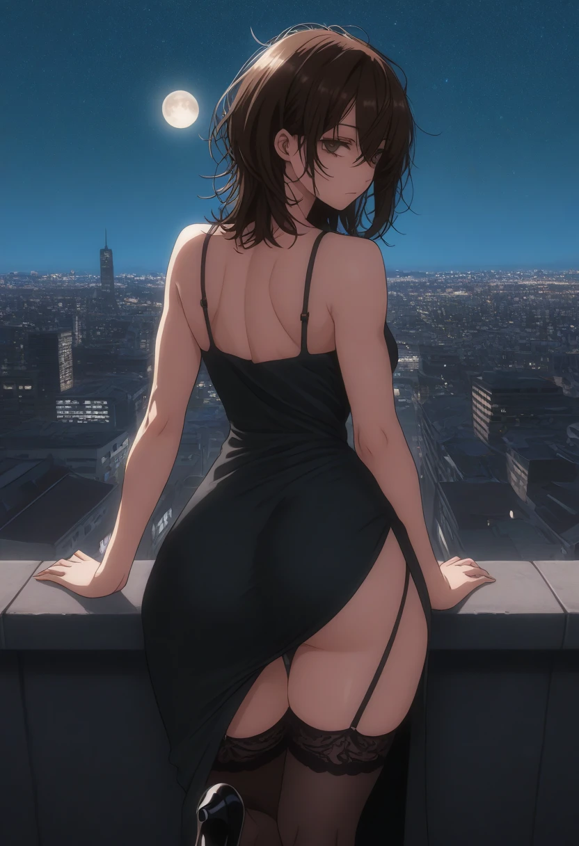 (masterpiece)+, 1milf, wide hips, narrow waist, Standing on Balcony, room, upper body, back view, black dress, night, meteor shower, star, moon, drak cloud, <lora:detail:0.6>