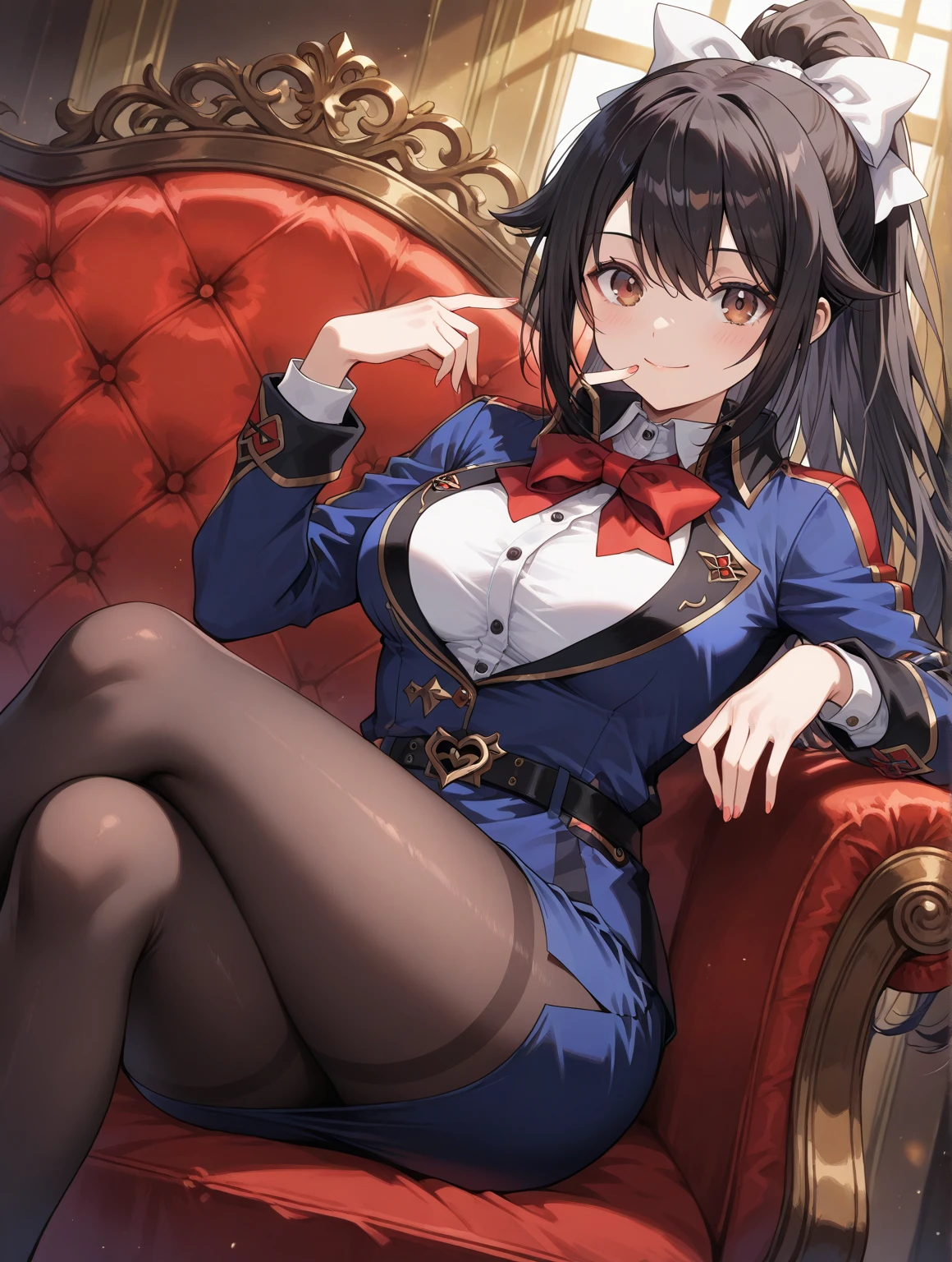 Portrait, official art, best masterpiece, best quality, best resolution, 8K, best detailed, perfect
BREAK
Sitting at a desk, puff out your , Crossing your legs
BREAK
takaoKC, red eyes, black hair, short hair, (large :1.2), gloves, long sleeves, hat, jacket, uniform, ascot, military uniform, beret, blue jacket, blue headwear, skirt, garter straps,thighhighs, 1girl, solo
BREAK
(smile), (blush:1.2), shy smile
BREAK
Office, luxurious desk, indoor, dust, (night), extremely detailed and very fine 16KCG wallpapers