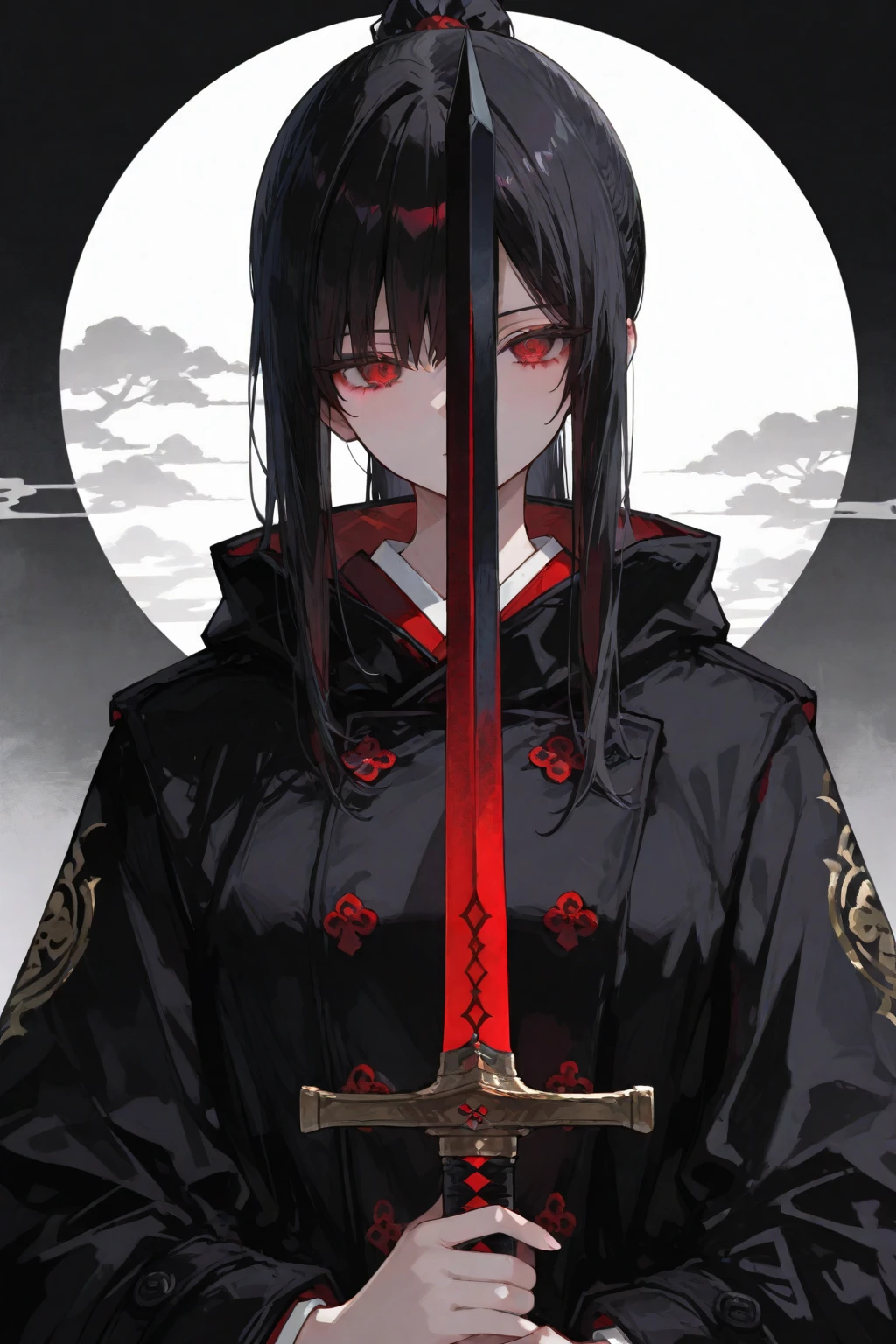 1girl, solo, wlop,
Black hair, gradient eyes, black cloak, 
Falling out of sly, red moon, night sky, galaxy, dark
masterpiece, best quality,