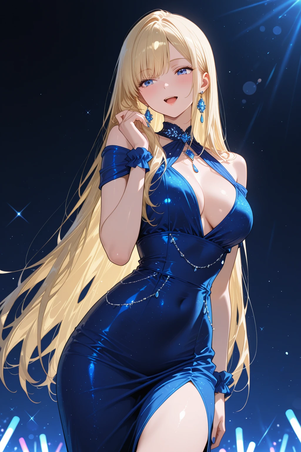 (masterpiece, top quality)、1 woman、20th Generation、I'm carrying a skirt、????????? with tiara、blond hair adorned with blue rose accessories、wearing a strapless blue dress with white accents、The dress has a beautiful gold decoration、with a decorative armband and halter neck、perfect ???????、 slightly bigger butts、 messy hair、lips、of