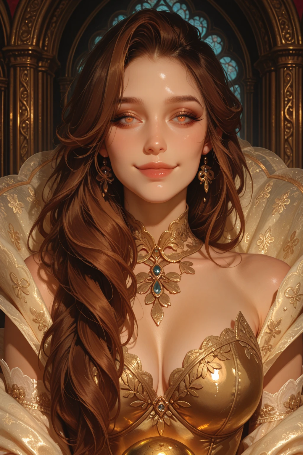 araffed woman in a golden dress sitting on a sofa, a beautiful fantasy empress, ((a beautiful fantasy empress)), extremely detailed image of a goddess, extremely detailed germ of art, Karol behind uhd, elegant golden body, germ of art. anime illustration, wlop and germ of art, beautiful and elegant elf queen, beautiful goddess, like germ of art, PERSEPHONE