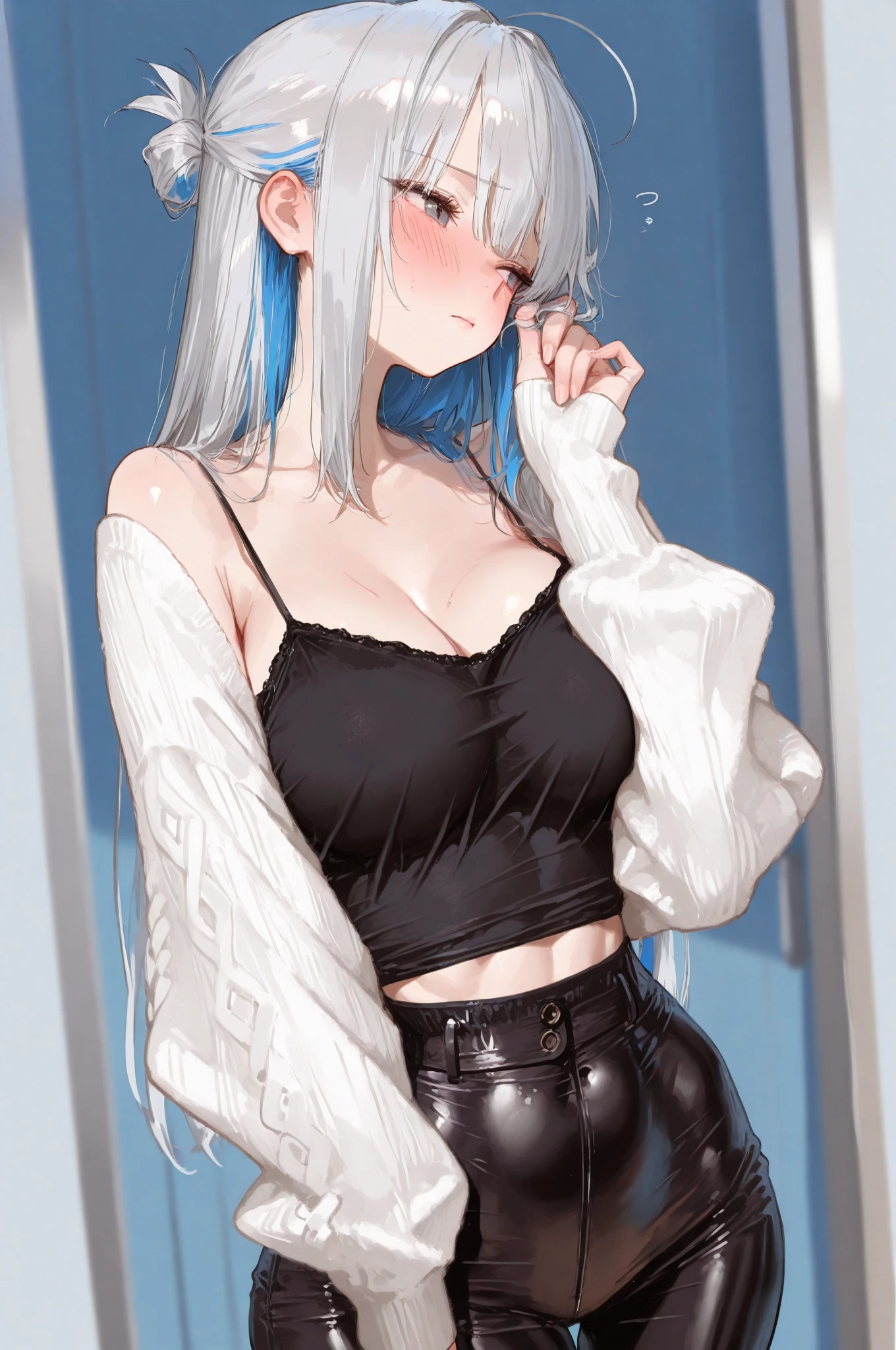 1girl, shiroko terror \(blue archive\), shiroko \(blue archive\), animal ears, halo, solo, wolf ears, alternate costume, large breasts, long hair, grey hair, leotard, looking over eyewear, shorts, black shorts, hair ornament, sunglasses, detached sleeves, looking at viewer, ahoge, white leotard, animal ear fluff, white sweater, tinted eyewear, cross hair ornament, dark halo, closed mouth, black halo, blue eyes, short shorts, hair between eyes, white sleeves, sleeves past wrists, broken halo, mismatched pupils, ribbed sweater, cowboy shot, very long hair, extra ears, bare shoulders, turtleneck, long sleeves, sweater, sleeveless sweater, highleg,
masterpiece, high score, great score