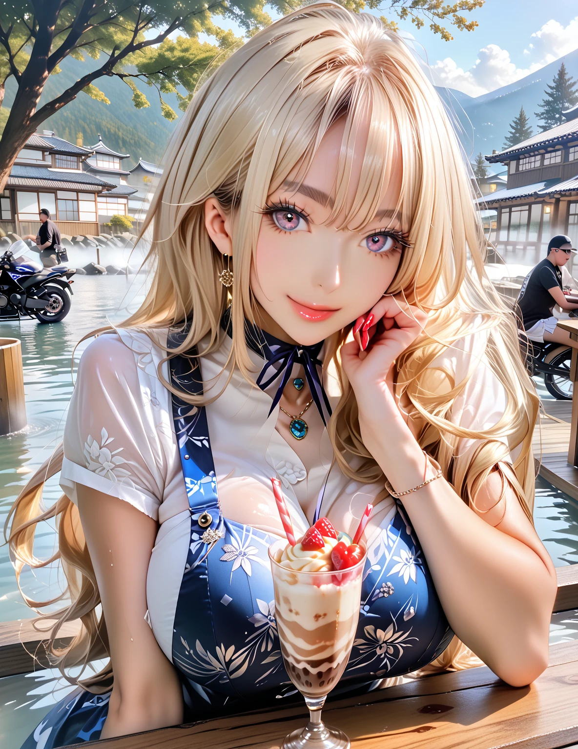 Pretty woman in cafe sitting at table with blonde and long hair、Coffee cup on table