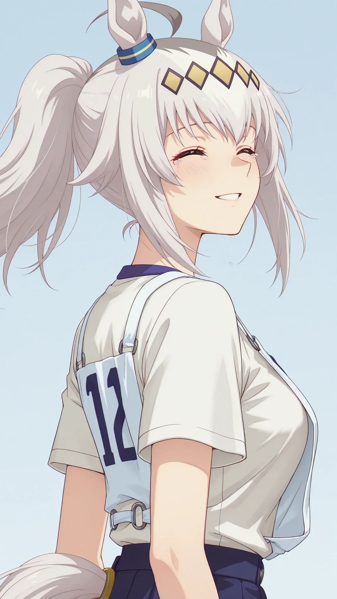 blooms alone, 1 girl, Source Anime, Oguri Cap, ponytail, , gray hair, Hair Accessories, , closes its eyes,, Horse ears,  has a tail , Medium Breasts, wear a white short-sleeved T-shirt, Wear a bib #12, Tears welling up in my eyes, Stand sideways, smiling happily, Facing Back , The wind blows, background meadow, close-up, high-angle image