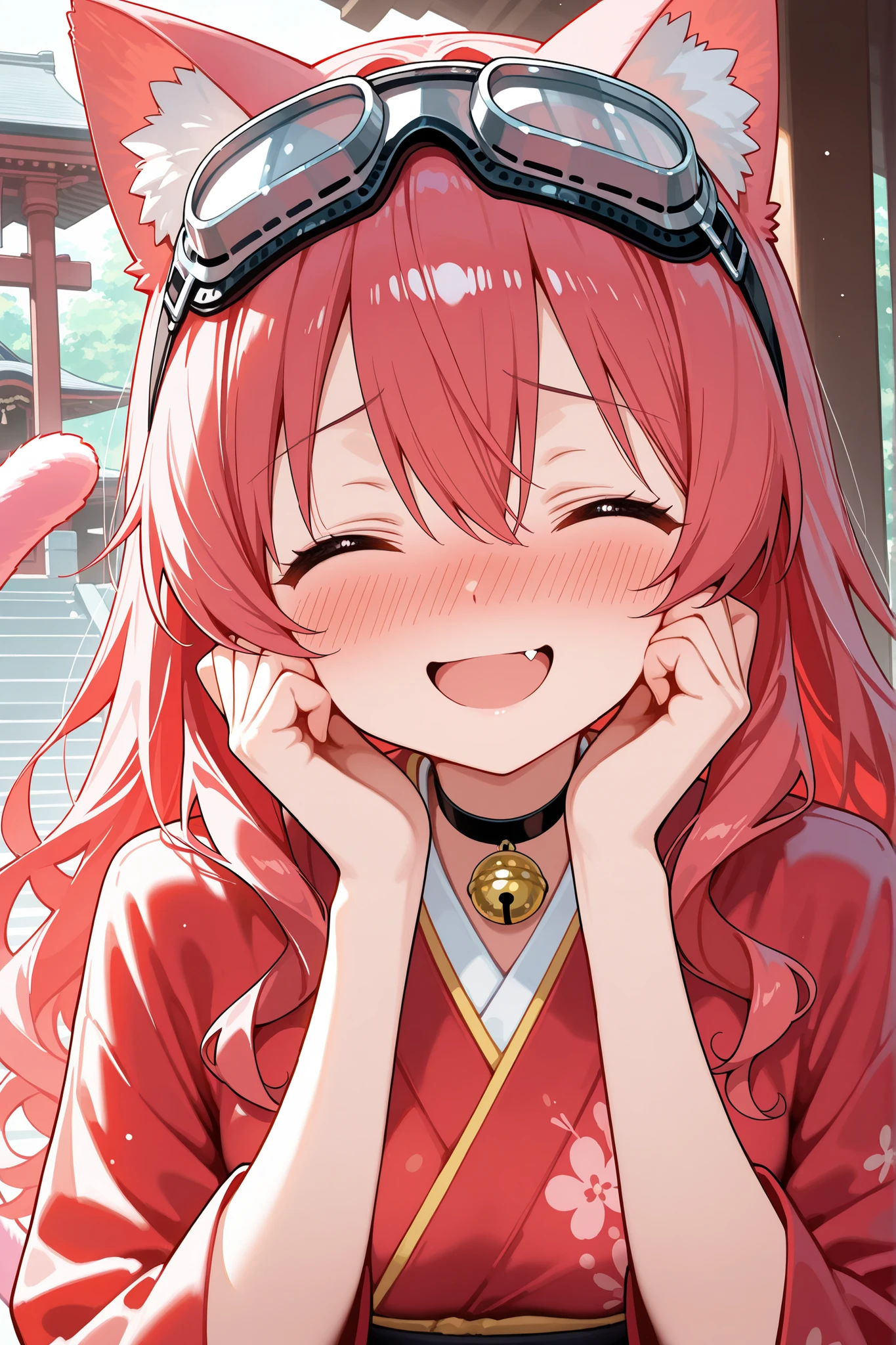 1girl, solo, character focus, close to viewer, portrait, shrine, Place both hands on cheeks, red_kimono, red_kimono with pink_trim, black choker, small_golden_bells around the collar, futuristic goggles on head, silver goggles resting on head, happy smile, worried eyebrows, inward-slanted eyebrows, nose blush, closed eyes, open mouth, red-pink cat ears, red-pink long cat tail, slender build, red-pink hair, long hair, wavy hair, hair reaching mid-back, bangs between eyes, tareme, energetic expression, small breasts, fang, lively and curious personality, childlike innocence, soft lighting, high detail, anime style, {animated painting}, {{{{{five hand fingers}}}}}, {{{{{4fingers and 1thumbs}}}}}, {{{high resolution}}}, {{{best quality}}}, {{ultra-detailed}}, {illustration}, {{an extremely delicate and beautiful}},