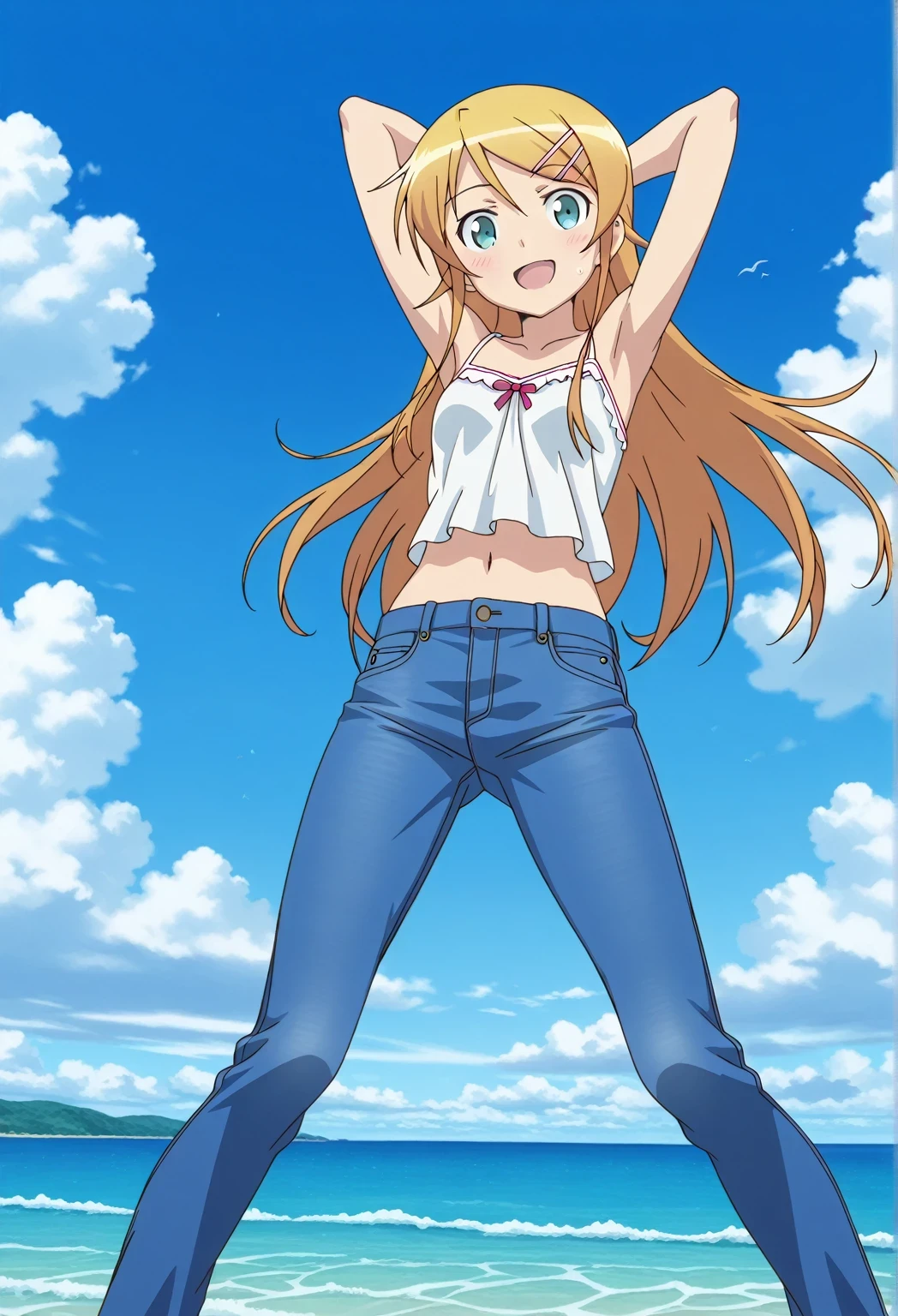 score_9, score_8_up, score_7_up, source_anime, highres, hi res, ((best quality, top quality, perfect quality, Highest Quality, amazing quality)), {{masterpiece}}, {{an extremely delicate and beautiful}}, 2d, intricate details, official style, anime, 8k, anime style, official_anime, official art, digital painting, cell shading, soft shading, high resolution, soothing tones, Subdued Color, Soft cinematic light, adobe lightroom, photolab, HDR, intricately and hyper-detailed, ((high quality animation)), 1 girl, Alone, solo, ((ocean)), tsunami, on the water, day, sunny, outdoors, sky, windy, kirino kousaka, OreImo: My Little Sister Can't Be This Cute, long hair, blue eyes, hair ornament, hairclip, orange hair, aqua eyes, anime coloring, anime screencap, small breasts, white camisole top, crop top, white crop top, best quality, hyper-detailed jeans, ((blue jeans:1.9)), (dark blue jeans:0.6), medium body, medium shot, Open mouth, small smile, sweat, standing, hyper-detailed arms, ((arms behind head:6.0)), ((perfect arm line:3.5)), ((hyper-detailed arms:2.5)), balance arm, raise forearm, bowlegged, natural stand pose, action, looking at viewer, spread legs, Bend knees slightly, from below