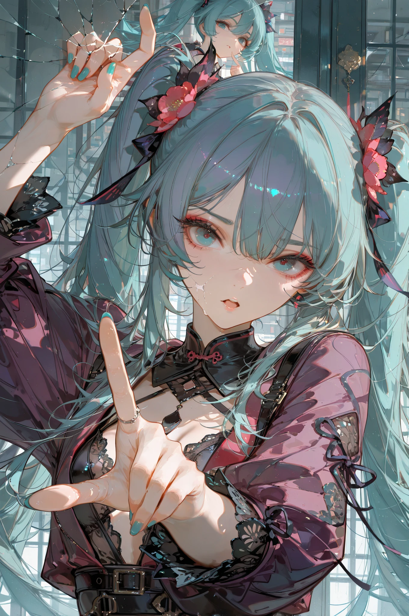 Anime girl with long green hair sitting on the floor - SeaArt AI