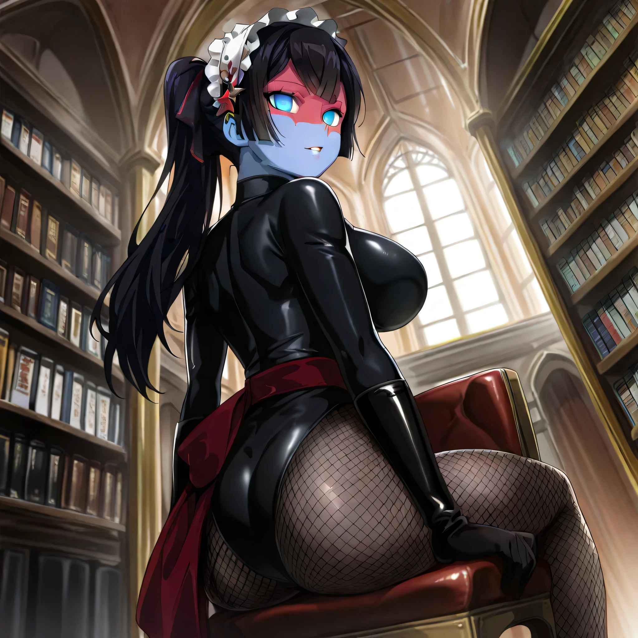 (((Masterpiece))), (((Best Quality))), ((Super Detail)), ultra-High resolution, score_9,score_8_up,score_7_up,score_6_up,score_5_up,score_4_up, BREAK, source_anime, anime screencap, uncensored, Masterpiece, (best shadow), (absurdres), (detailed background), (very aesthetic), detailed beautiful eyes, outstanding, an exquisite animation illustration, curvy, highres, shiny clothing, dark persona, empty eyes, blank eyes, shocker, black leotard, latex elbow gloves, brown fishnet pantyhose, red skin, blue skin, colored skin, red sash, makeup, (((solo, 1girl))), hair ornament, seductive pose, submissive pose, anime style, anime coloring, animification, megami magazine, sexy pose, dynamic angle, cinematic angle, dutch angle, dynamic composition, large breast, mei_mugengacha, ponytail, blue eyes, black hair, maid headdress, sitting, sitting on chair, on chair, library, indoor, western, western architecture, medieval, fantasy, palace interior, delicate features, soft lighting, warm lighting, window, dappled light, sunbeam, ass, from back, from behind, looking from back, view from back, looking up, hand on book, looking at viewer, parted lips, standing, sideway glance,