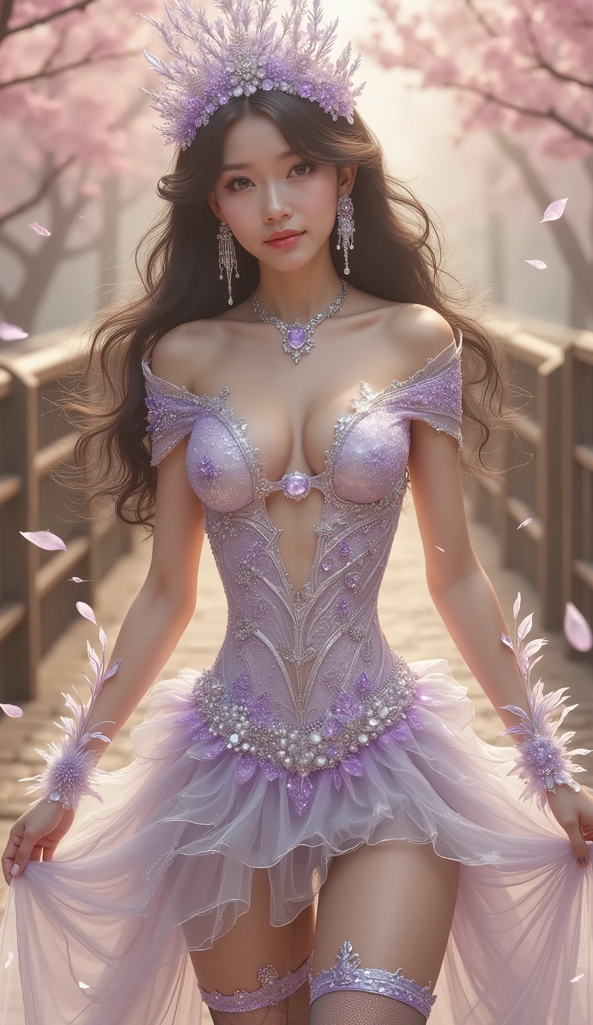 Taken from below, 4K, hyper-detail, hyper-texture of clothing, a 17-year-old young Asian girl with a cute face with a sweet appearance and white skin, a tall body, a slim and small belly, a wide waist, a shiny body, a shiny costume, long and sexy muscular legs, and giant breasts. body dripping with sweat, wearing a strapless white spiral V-cut dress with a deep cleavage with a galaxy pattern that reveals her navel, shaped by very tight black diamonds with intricate details, a ruffle micro mini skirt and black nylon stockings with sexy high blue lace with a galaxy pattern, the stockings reach her crotch, she also wears high-heeled stilettos and a high top with straps, purple high heels emit shining light from her feet, reminiscent of a fantasy style. This piece features intricate details, including sparkling blue gemstones and feather-like textures and flashes of blue light that adorn her tight dress. the shiny color of the dress adds to the fantasy feel, while her long black hair flows in waves over her shoulders. walking in wodden bridge studio shoot with a golden light and falling cherry blossoms in the background, purple gemstone and plant decorations a full body masterpiece, with backlight and shadow under her feet