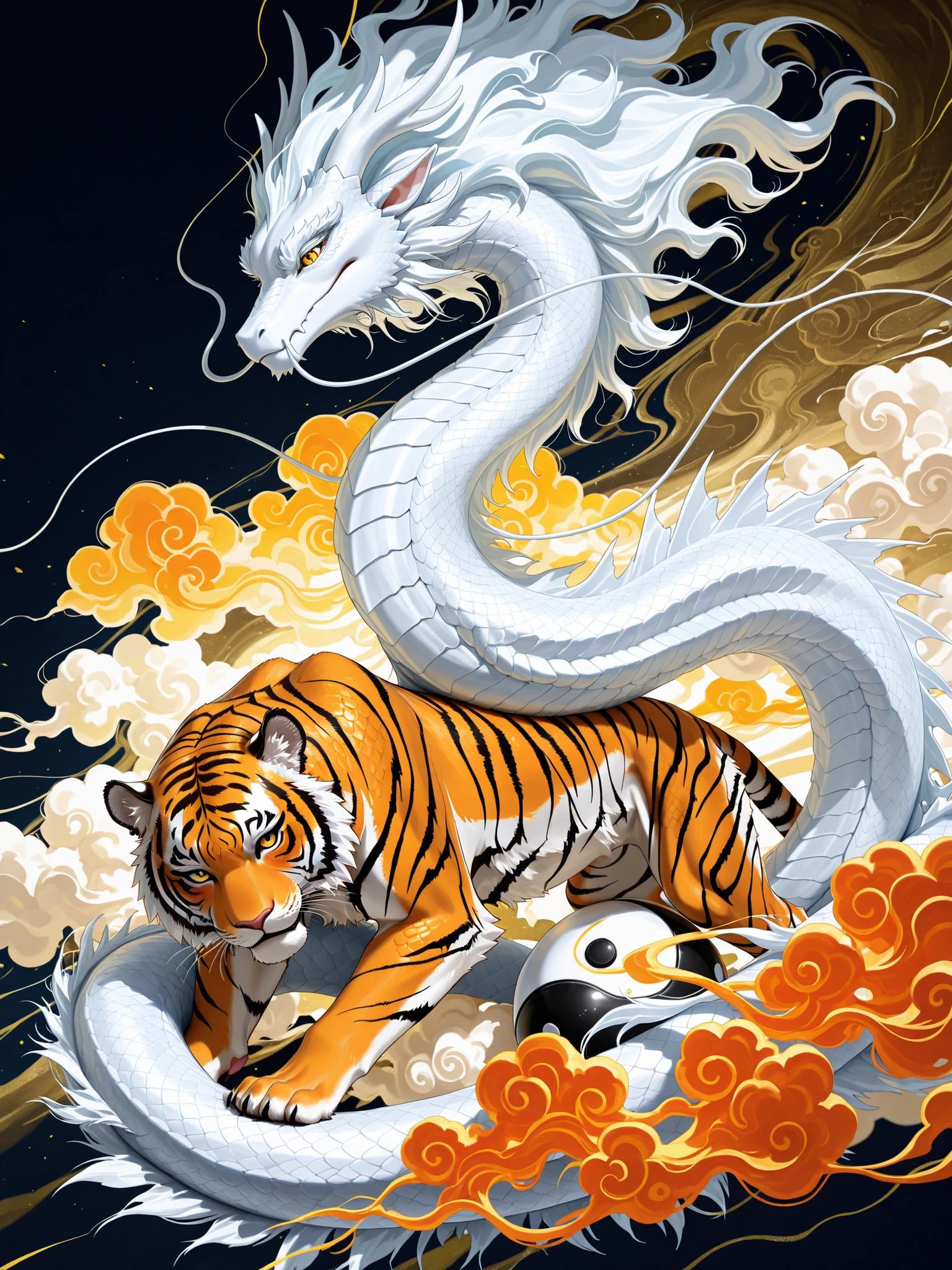 "A high-quality, intricately detailed UHD resolution aesthetic painting featuring a powerful, majestic tiger and a dynamic, celestial dragon, subtly integrated with the concept of Yin and Yang. The tiger, with its vivid orange and black stripes and piercing gaze, reclines confidently on swirling clouds, representing the Yang energy. Behind and above it, a magnificent azure and white dragon, with intricate scales and flowing mane, embodies the Yin energy, coiling gracefully amidst more ethereal clouds. The overall composition suggests a balance of their contrasting forces, with implied energy lines or subtle color gradients forming the classic Yin Yang division through their forms and surrounding elements. The art style is refined and painterly, capturing the strength and grace of both creatures within a unified, harmonious design.