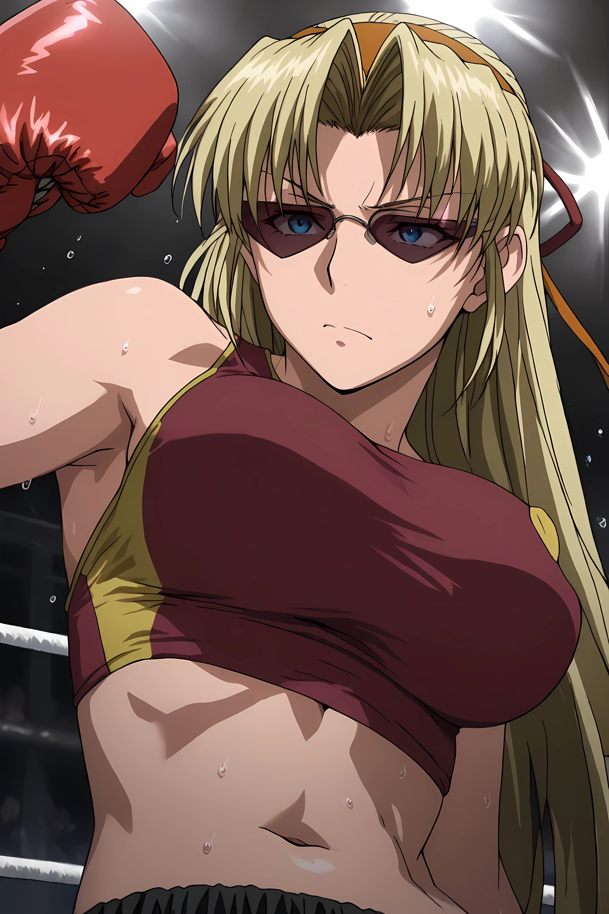 ,high calidad, Perfect , masterpiece,aesthetic,Ultra HD, 100 fps ,<lora:Eda_SDXL_IL_V1:1>,e1d22,1girl,solo,blonde hair,long hair,straight hair,orange hairband,blue eyes,sunglasses,boxing gloves,large breasts,pink crop top, midriff, navel, sweating