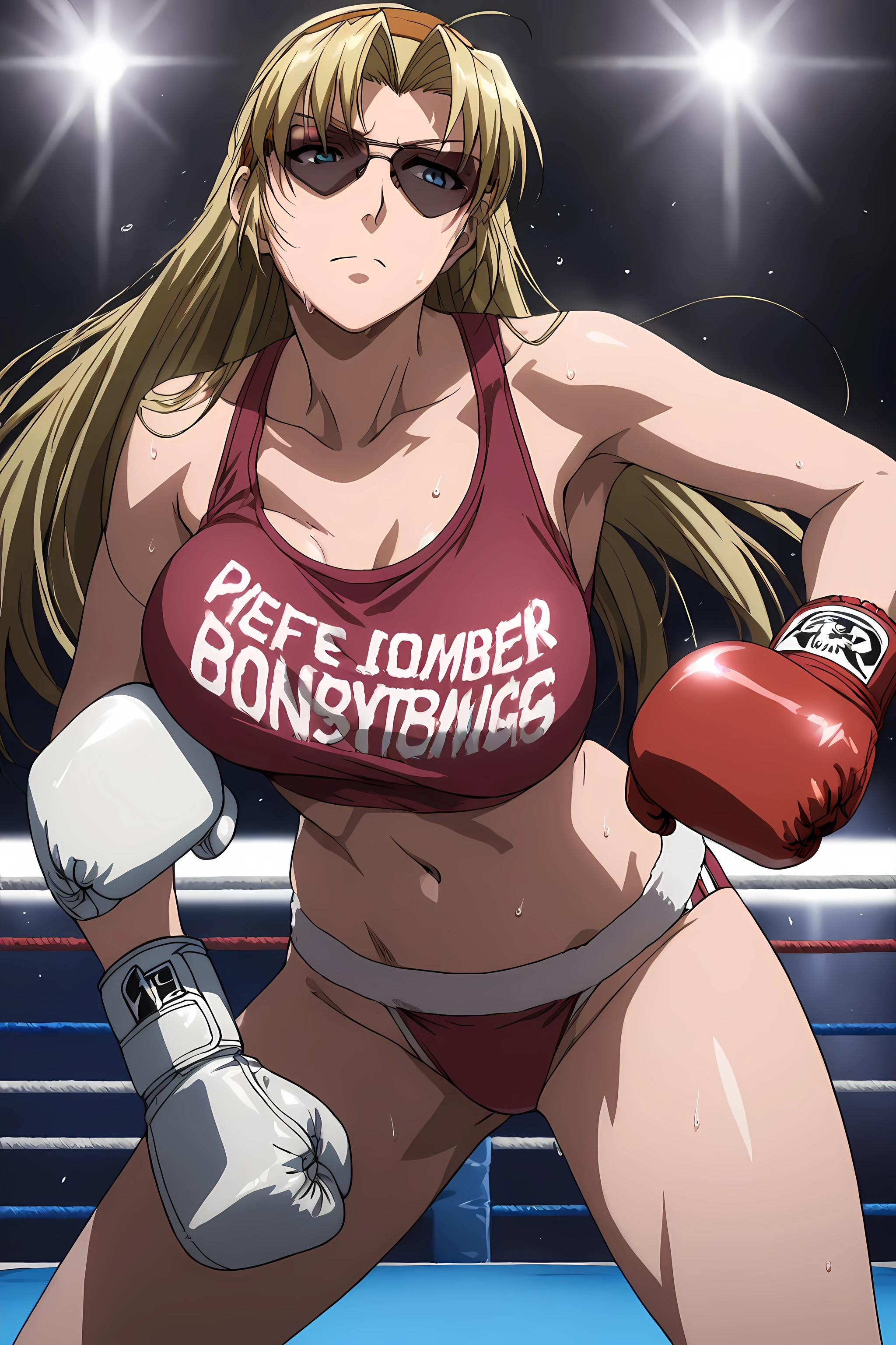,high calidad, Perfect , masterpiece,aesthetic,Ultra HD, 100 fps ,<lora:Eda_SDXL_IL_V1:1>,e1d22,1girl,solo,blonde hair,long hair,straight hair,orange hairband,blue eyes,sunglasses,boxing gloves,large breasts,pink crop top, midriff, navel, sweating