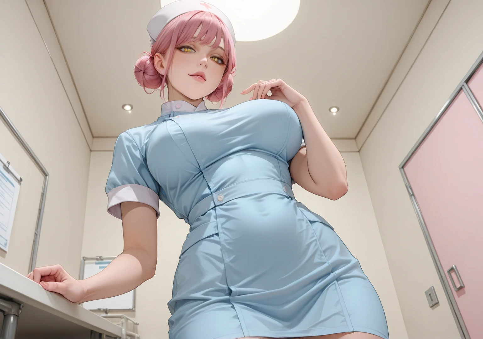 (masterpiece),(highest quality:1.2),1 girl,(Masseter muscle part:1.3),exquisite details, highest qualityの8K解像度, super detailed, realistic, Bright colors, soft tones, With warm and gentle lighting, (pink nurse uniform:1.3), (short blonde hair:1.5),(middle parted hair:1.3),(shining hair),(blue eyes:1.3), , white skin, Barrette, (hospital room:1.3), (NFSW:1.4)