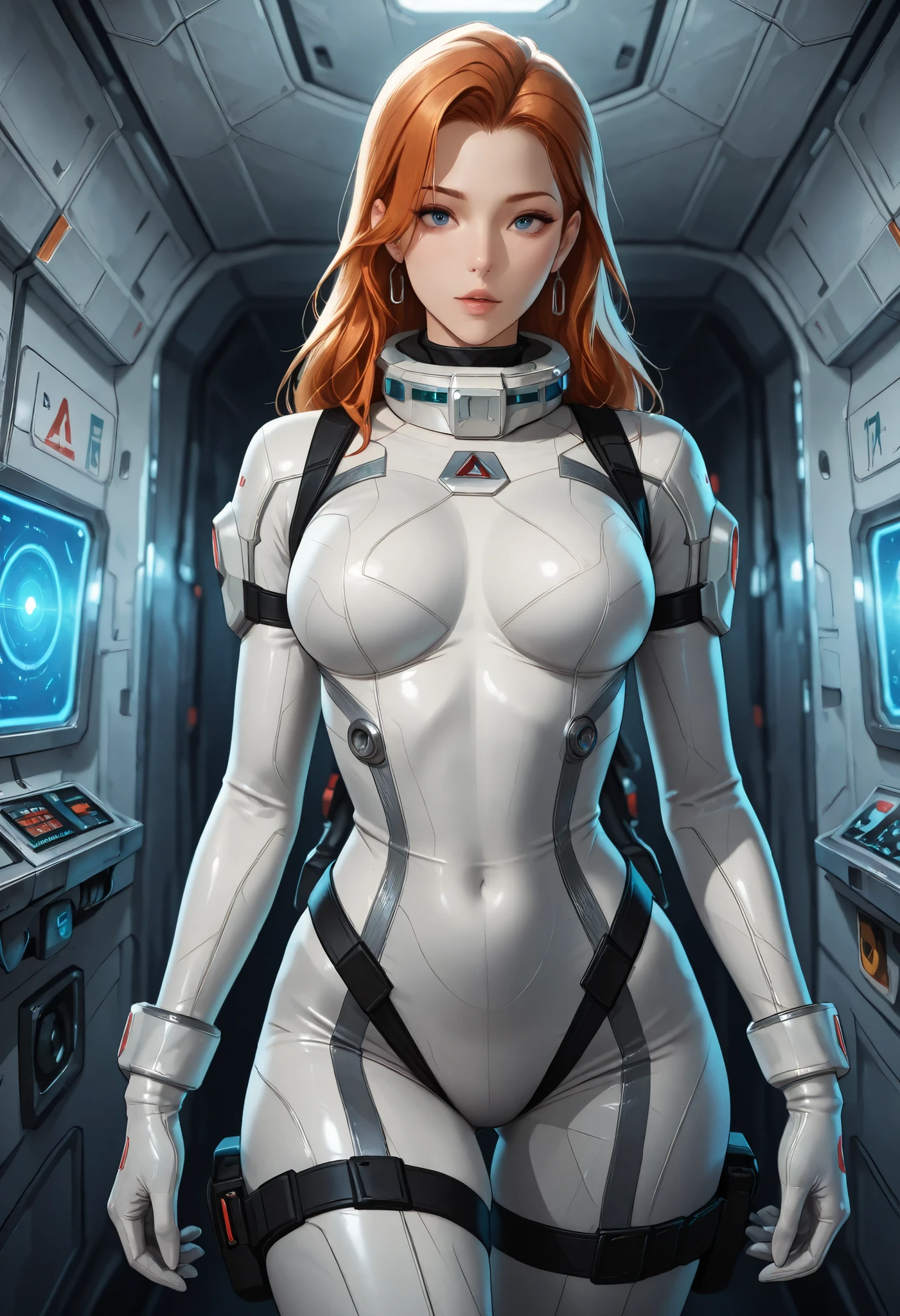 high resolution images, masterpiece, Highest Quality, amazing quality, official art, Highly detailed, Wallpaper, 1 girl, A very attractive and slim woman wearing a tight spacesuit walks through the corridors of an abandoned and decaying space station in a futuristic world.