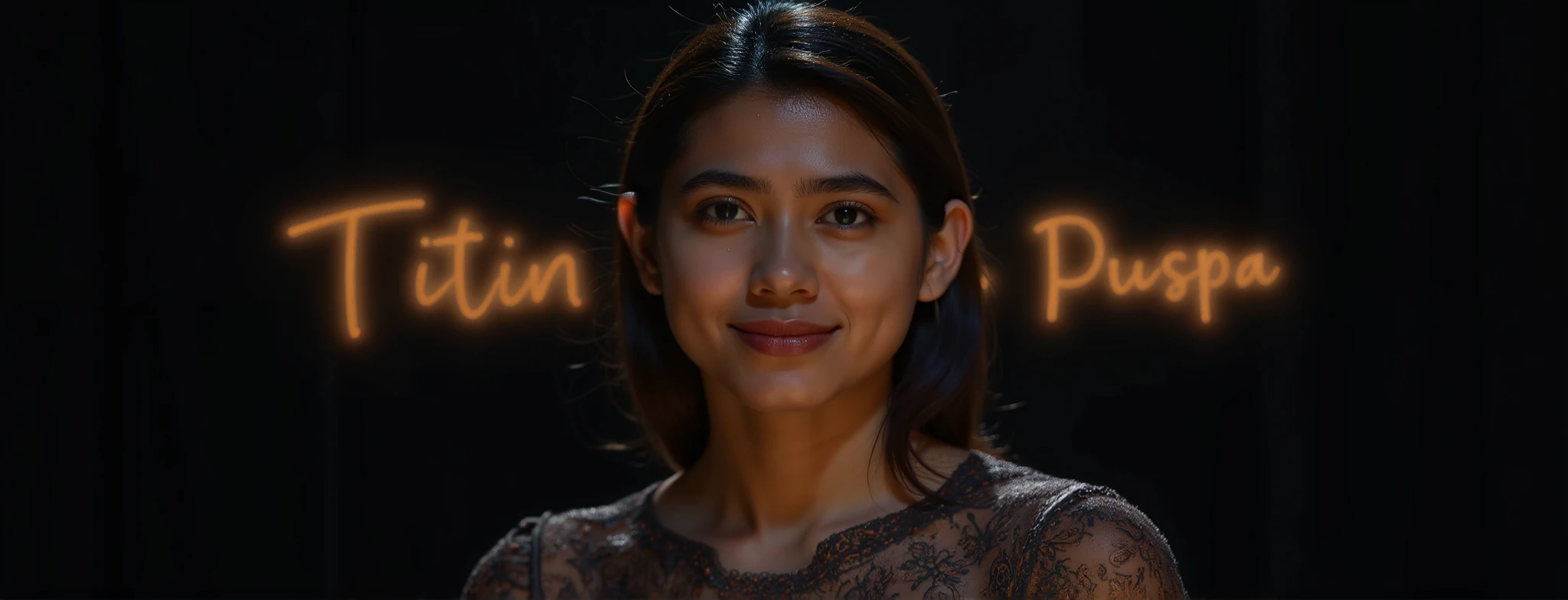 Close up potrait of beautiful woman laying on the bottom large glowing text written "Titin Puspa" Using bold font glowing in the dark , background and subject multiple in one beautiful aestetic .