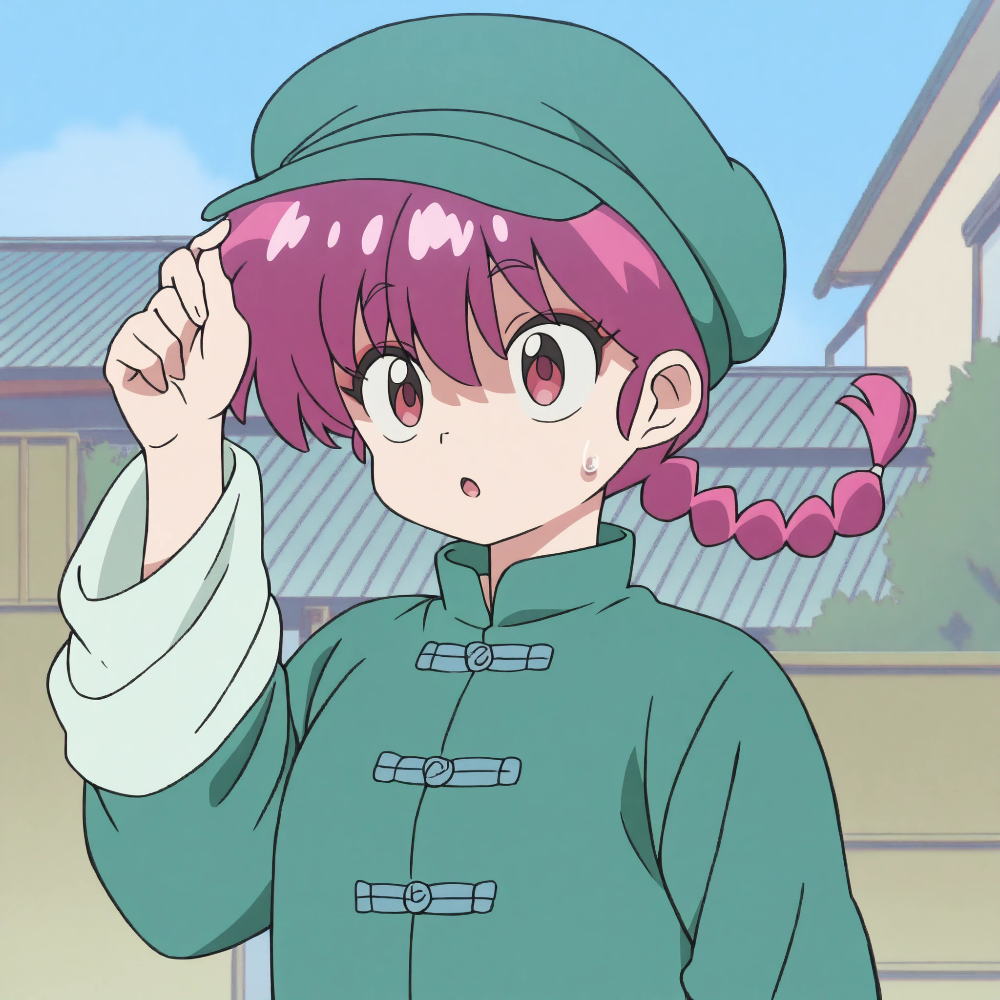 HDR, 8K, masterpiece, best quality, amazing quality, very aesthetic, high resolution, ultra-detailed, absurd, intricate details, 
RanChanv2, greenout, chinese clothes, single braid, tangzhuang, green clothes, long sleeves, green shirt, green pants, 1girl, solo, long hair, red eyes, hat, purple eyes, upper body, pink hair, braid, outdoors, red hair, sky, day, cloud, pink eyes, sweatdrop, :o, blue sky, tree, cloudy sky, building, genderswap, genderswap (mtf), braided ponytail, green headwear, hand on headwear, house, power lines, adjusting headwear, anime coloring, cabbie hat