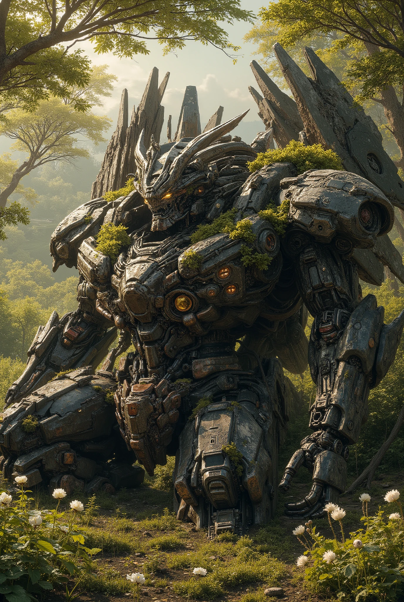 High precision,8k,Highest Quality,masterpiece,A giant fighting robot that has broken and decayed,sitting,Mallow and moss