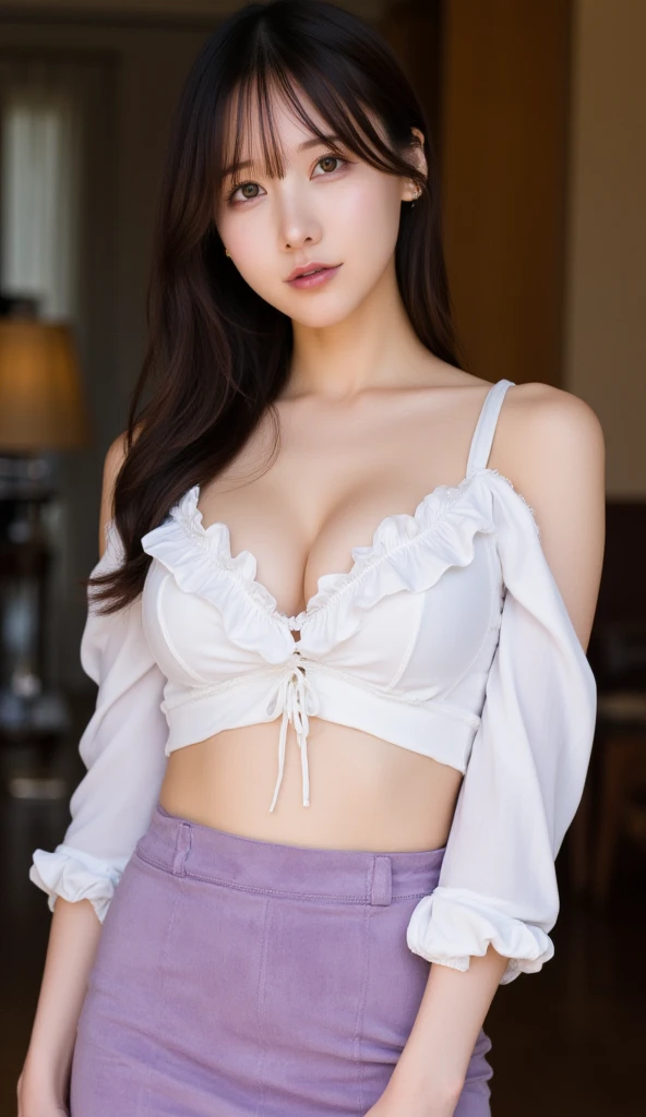 (((Masterpiece))), couch, living room, (((Best Quality: 1.4))), ((Super Detail: 1.4)), (smiling, happy), hyper detailed gouache painting of a female Tiefling, gorgeous exotic features, amber neon eyes:1.5, long black hair, hyper detailed face features, expressivo face, detailed textures, blue skintone, natural skin shader, volumetrics, warm undertones under her skin, ultra High resolution, pair skin, korean, black hair, cute face, full perfect body, large breasts, rounded breasts, A tailored black pencil skirt paired with a crisp white blouse featuring subtle ruffles at the neckline. Completing the ensemble, a fitted black blazer with a delicate pin on the lapel, and sleek black pumps, ((looking at viewer)), 8k, anatomically correct