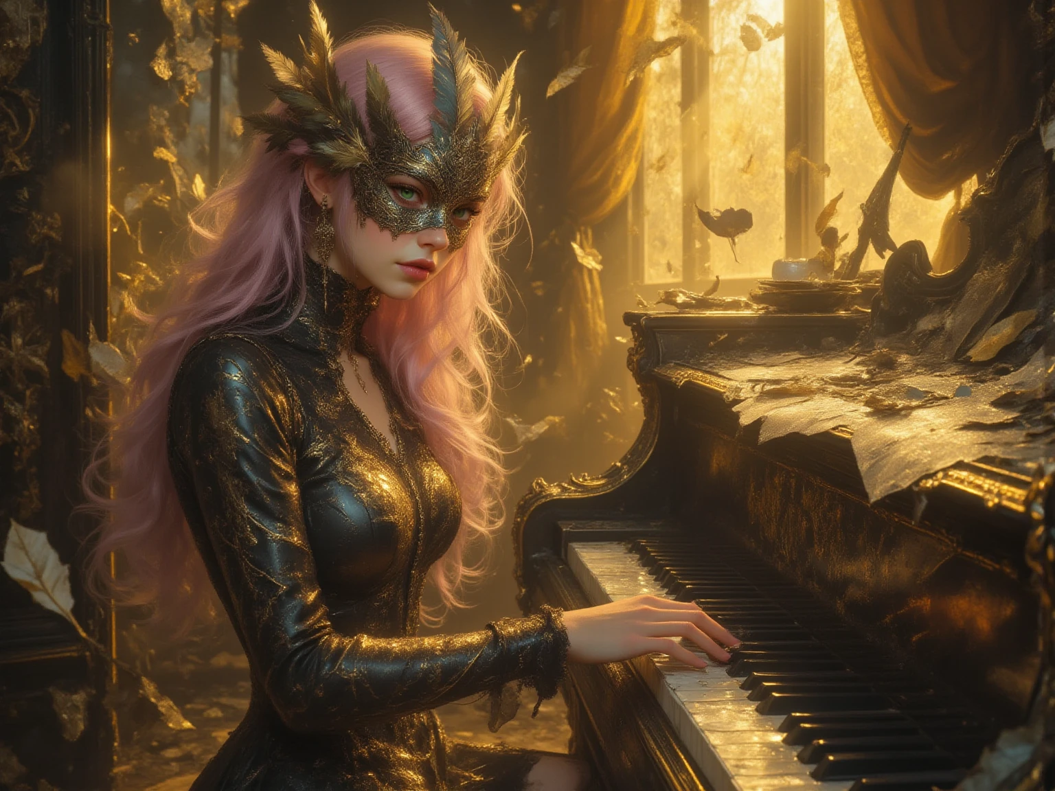 Language: ja while a woman wearing a gold ornament plays the keyboard while dancing fluently、People wearing heavy armor dance gracefully、while the golden leaves are shining slowly and the ether of yellow light flows out of the instrument