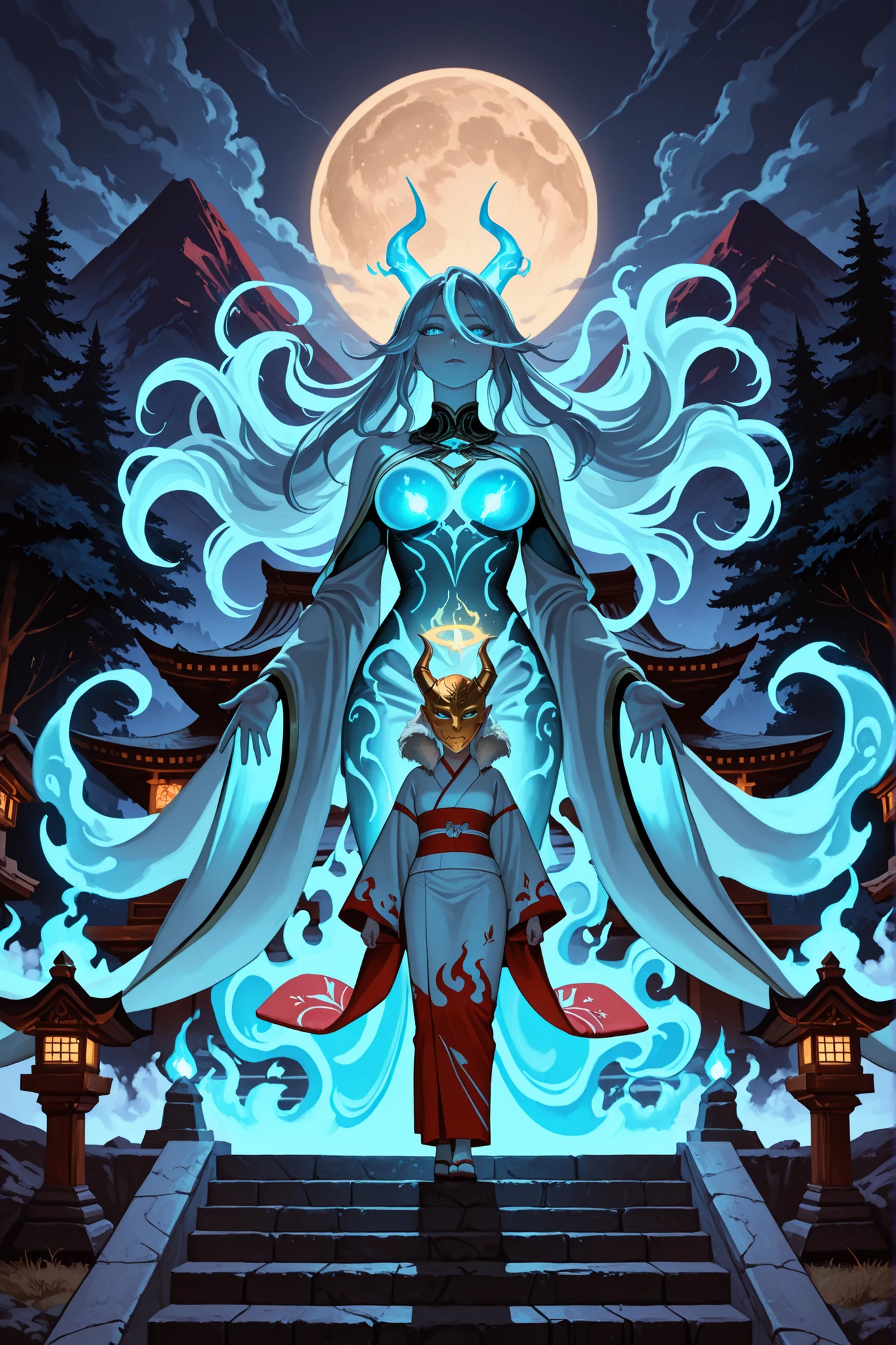 prompt:
text_g:
quality: masterpiece, ultra detailed, fantasy anime realism, (hyakkiyagyo:1.3), (female spirits:1.3), (moonlit mountain:1.2)
subject:
character: female yokai procession climbing stone stairs carved in mountainside; forefront: tall woman with flowing silver hair and icy eyes wearing tattered white cloak, carrying glowing orb; around her march women with serpent-scale kimono, horned shrine maiden, faceless dancer with golden mask; all ethereal but corporeal
clothing:
outfit: mixture of ceremonial and wild—kimono with dragon motifs, fur collars, tattered veils, glinting metal ornaments; spectral glow under fabrics (spirit light:1.2), traces of ink-like smoke at feet; movements mid-step upward, wind lifting hems
background:
scene: mountain shrine path under full moon, pine forest edges fade into fog; stone torches lit with blue ghost flames (will-o'-wisps:1.3); temple roof visible far above, sky filled with drifting clouds
lighting:
source: strong cold moonlight, glowing orbs each yokai carries, luminous fog diffusing shadows; subtle backscatter halo around procession
atmosphere:
tone: grand sacred dread, unity of elegance and terror, unearthly calm of the mountain night
framing:
aspect_ratio: 3:2 vertical, ascending diagonal from bottom-left toward distant shrine summit