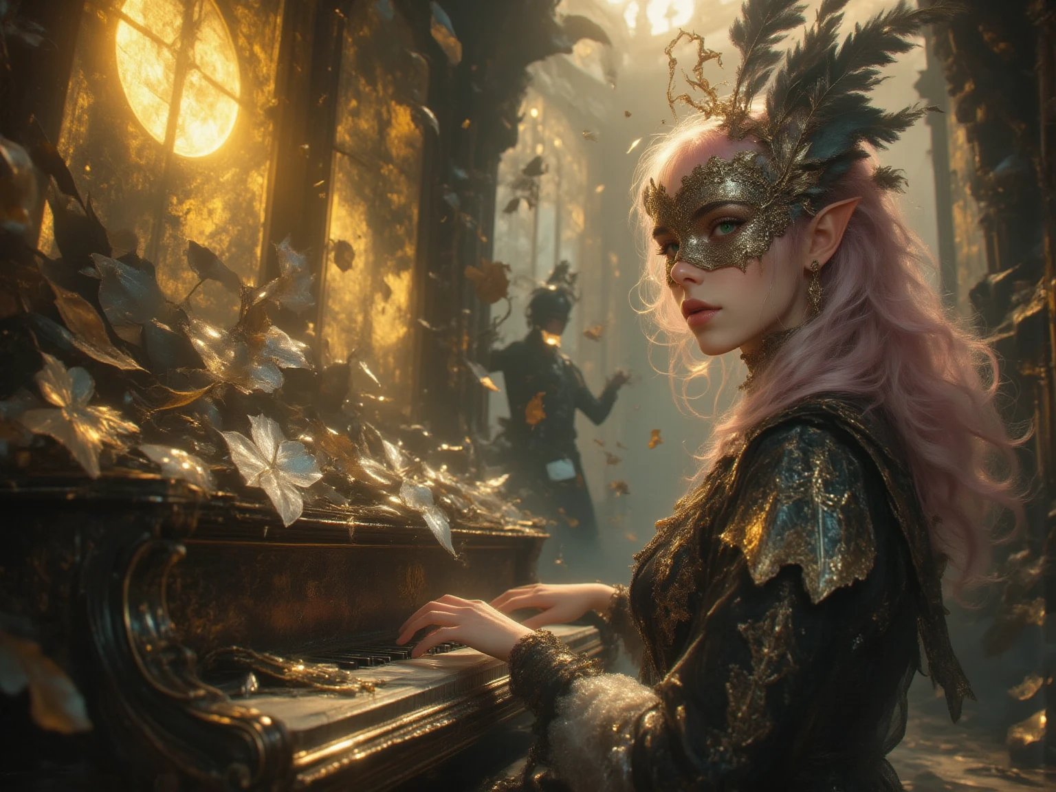Language: ja while a woman wearing a gold ornament plays the keyboard while dancing fluently、People wearing heavy armor dance gracefully、while the golden leaves are shining slowly and the ether of yellow light flows out of the instrument