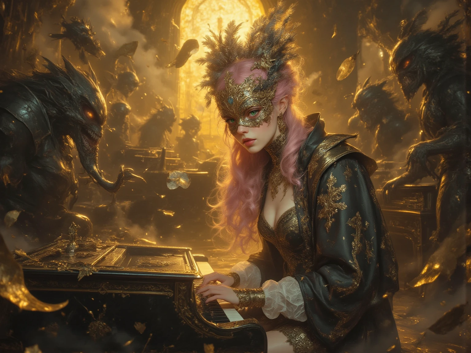 Language: ja while a woman wearing a gold ornament plays the keyboard while dancing fluently、People wearing heavy armor dance gracefully、while the golden leaves are shining slowly and the ether of yellow light flows out of the instrument