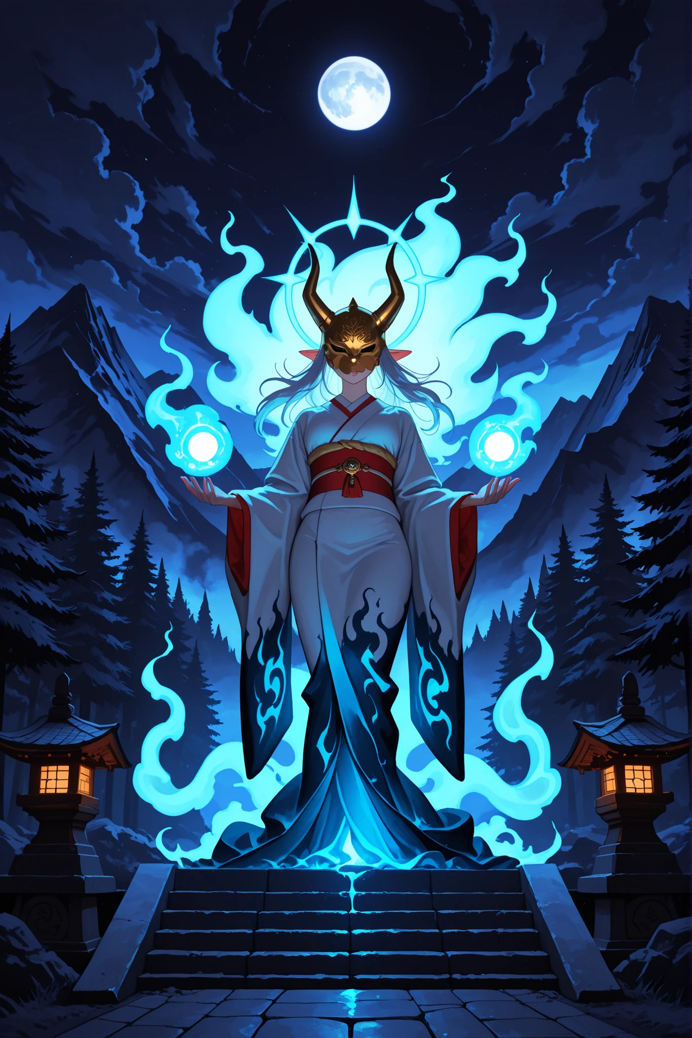 masterpiece, ultra detailed, fantasy anime realism, (hyakkiyagyo:1.3), (female spirits:1.3), (moonlit mountain:1.2)
female yokai procession climbing stone stairs carved in mountains ides, tall woman with flowing silver hair and icy eyes wearing tattered white cloak, carrying glowing orb; around her march women with serpent-scale kimono, horned shrine maiden, faceless dancer with golden mask; all ethereal but corporeal
mixture of ceremonial and wild—kimono with dragon motifs, fur collars, tattered veils, glinting metal ornaments; spectral glow under fabrics (spirit light:1.2), traces of ink-like smoke at feet; movements mid-step upward, wind lifting hems
mountain shrine path under full moon, pine forest edges fade into fog; stone torches lit with blue ghost flames (will-o'-wisps:1.3); temple roof visible far above, sky filled with drifting clouds
strong cold moonlight, glowing orbs each yokai carries, luminous fog diffusing shadows; subtle backscatter halo around procession
grand sacred dread, unity of elegance and terror, unearthly calm of the mountain night
ascending diagonal from bottom-left toward distant shrine summit