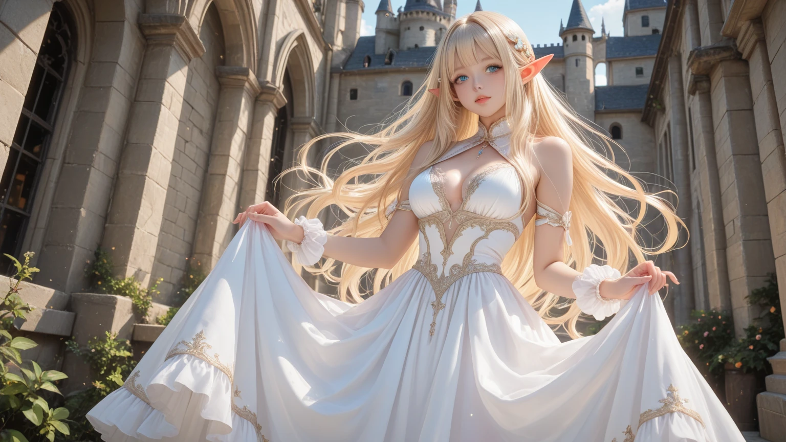Close-up of a woman in a dress with a sword, anime goddess, blonde hair princess, ((Beautiful Fantasy Empress)), Beautiful Fantasy Empress, elegant pose, , Elf Queen, Charming elf princess knight, an Elf Queen, Princess Hyperborea, blonde goddess, Anime blonde girl with long hair, portrait of an Elf Queen, very , realistically, Young woman
