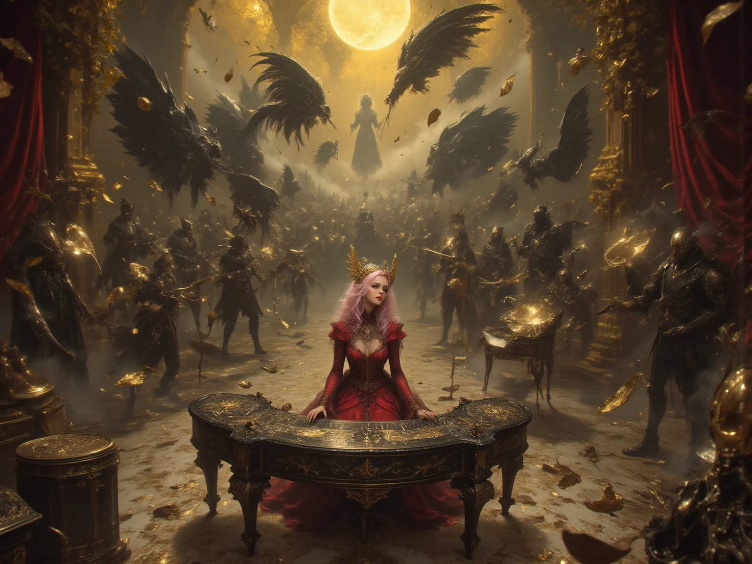 Language: ja while a woman wearing a gold ornament plays the keyboard while dancing fluently、People wearing heavy armor dance gracefully、while the golden leaves are shining slowly and the ether of yellow light flows out of the instrument