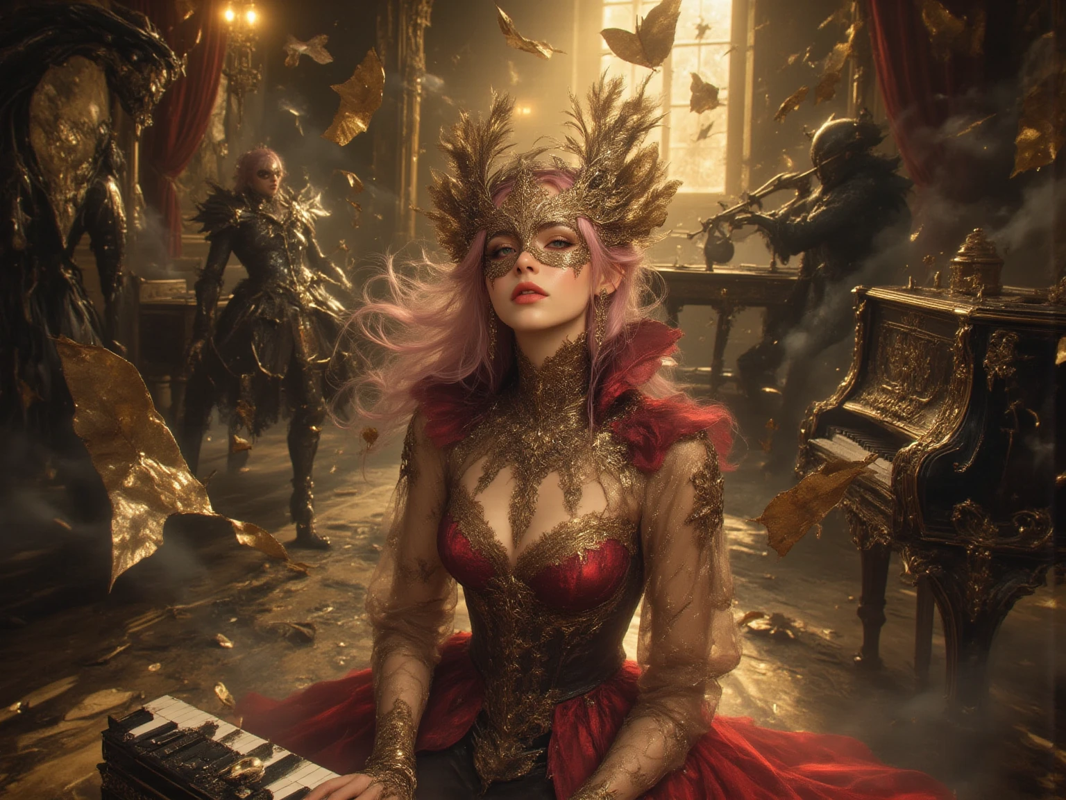 Language: ja while a woman wearing a gold ornament plays the keyboard while dancing fluently、People wearing heavy armor dance gracefully、while the golden leaves are shining slowly and the ether of yellow light flows out of the instrument