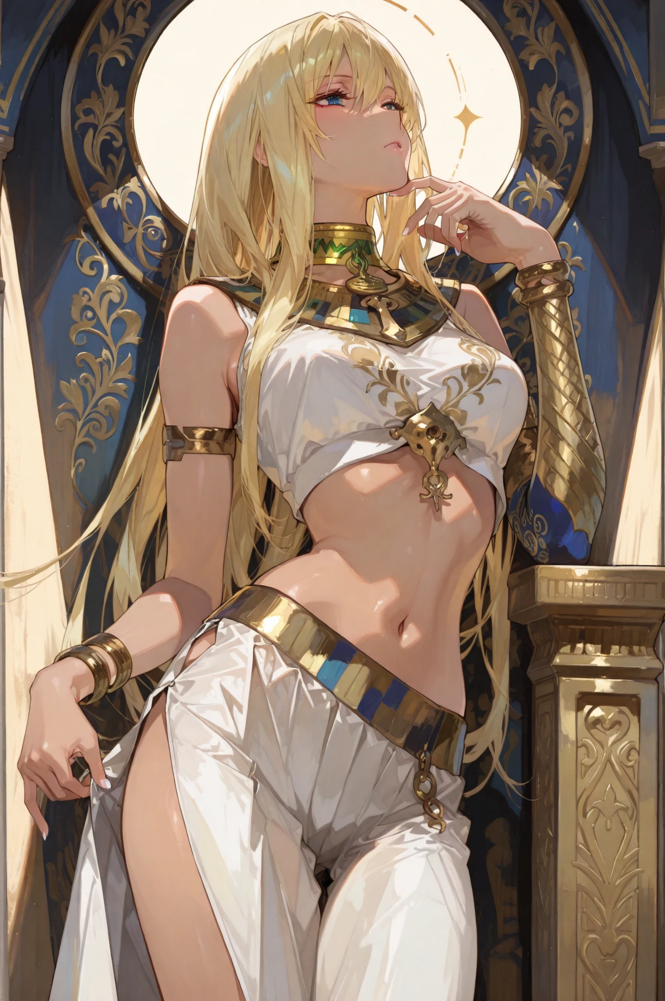 (masterpiece:1.5, in the style of Oh! Great, blonde girl with long hair, wearing egyptian-inspired cropped top, gold collar, high-slit skirt with patterns, decorative arm rings, standing in regal pose with chin slightly lifted,hair horizontally, strong golden backlight, bold line art)