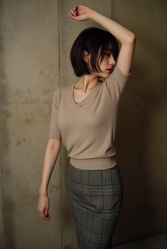 alone、low length、Low-class 、Plump figure、White skin、Natural Makeup、Black Hair、bangs、Straight Long Hair、skirtをめくる、(expensive 、Long sleeve sweater、skirt)、((Backwards))、、(Small 、White lace )、((The upper body is wearing a sweater))、Old apartment room、Messy room、Looking into the camera、Full body photo、Pay attention to the 、Remember、Big 、Plump thighs、(Big )